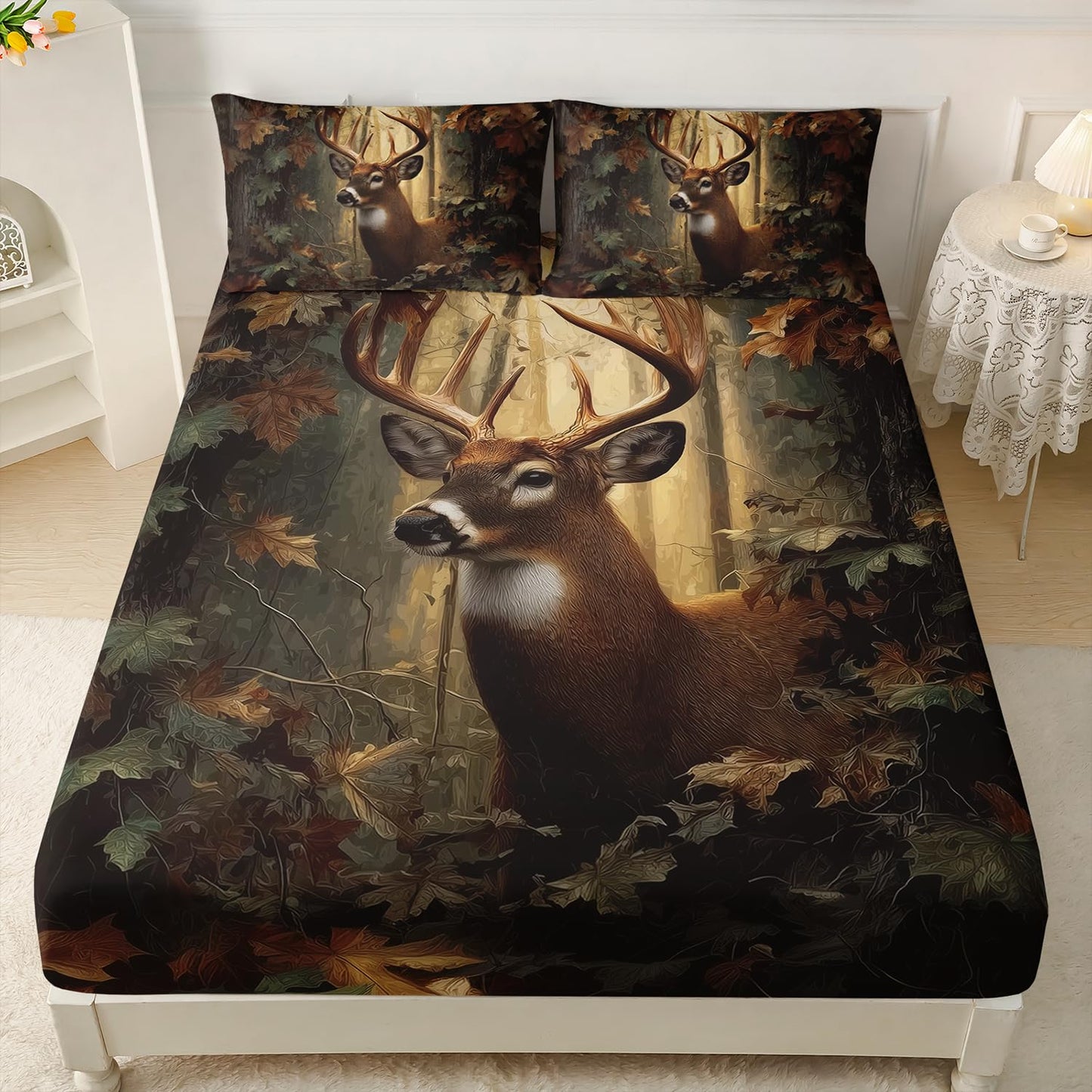 HOSIMA Deer Twin Fitted Sheet for Kids,Lightweight Brown Animal Bedding for Teens Boys Room Decor,Hunting Themed Forest Deer Bedding,1 Fitted Sheet+2 Pillowcases.