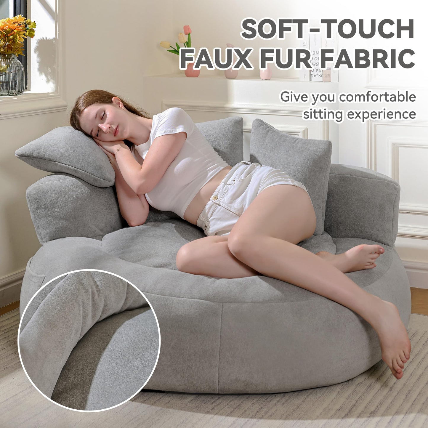 Lyon Sence Bean Bag Chair, Big Beanbag Chairs with 3 Pillows, Oversized Bean Bag Chair for Living Room, Large Beanbag Chairs for Teens Adults (Faux Fur in Light Gray, 52" D×52" W×21.2" H)