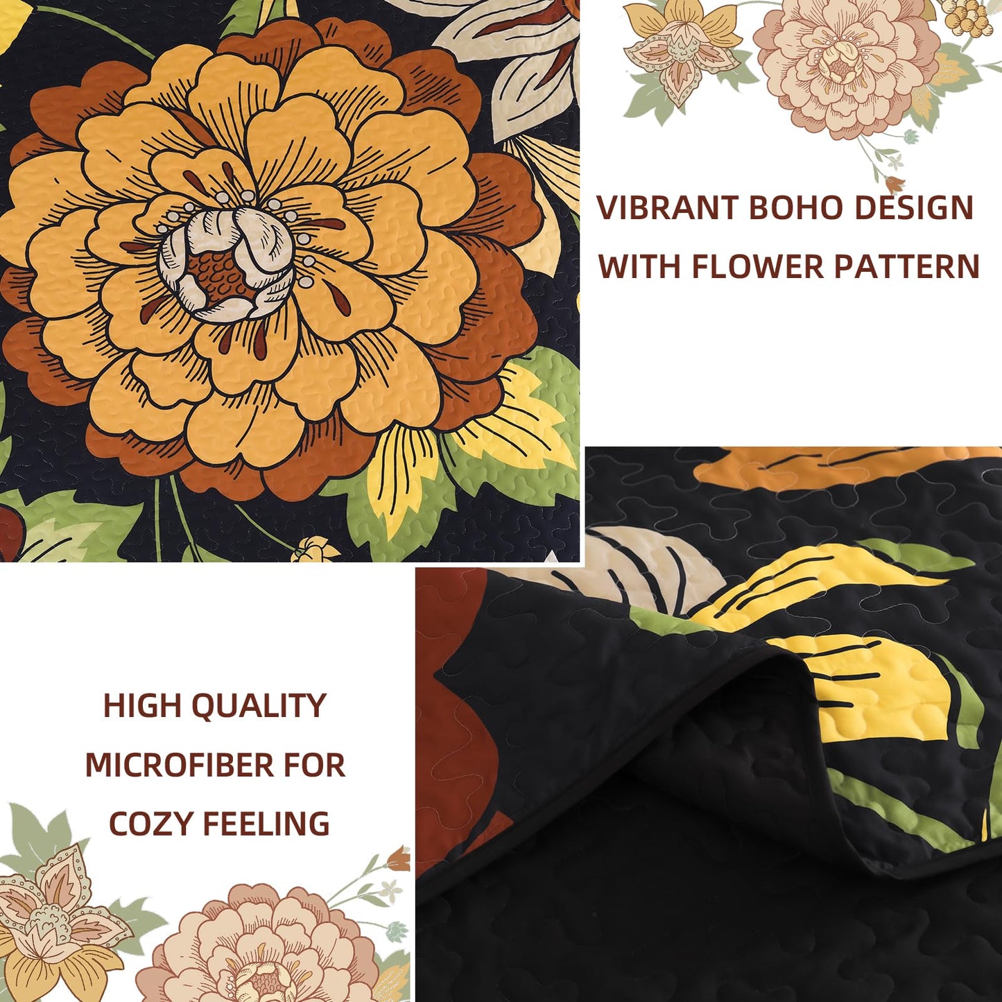 DJY Floral Quilt Set Queen Size Black Boho Bedspread Coverlet Set 3 Pieces, Botanical Quilt Lightweight Microfiber Farmhouse Floral Bohemian Bedding Set with 2 Pillow Shams for All Season (96''x90'')