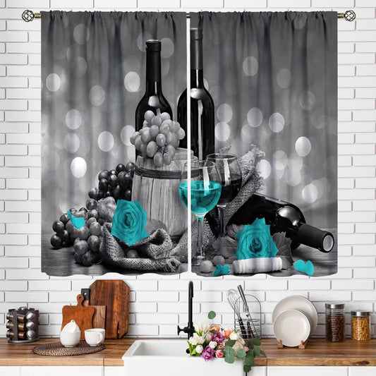 Teal Rose Kitchen Curtains Turquoise Wine Floral Grapes Theme Valentine Romantic Vintage Style Art Printed Blackout Rod Pocket Curtains Bedroom Living Room Window Drapes 2 Panels 42x45 Inch