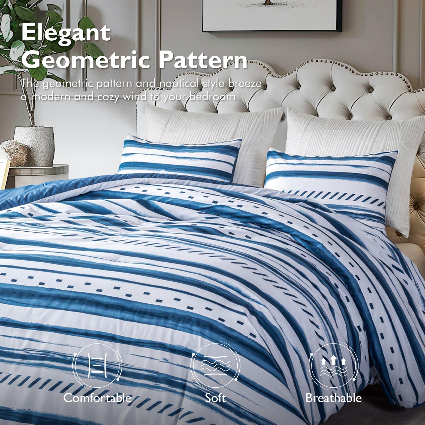ALPHA HOME Comforter Set King Size, Nautical Style All Season Bedding Set, Comfortable Fluffy Comforter Set with 100% Cotton Fabric (1 Comforter, 2 Pillowcases)