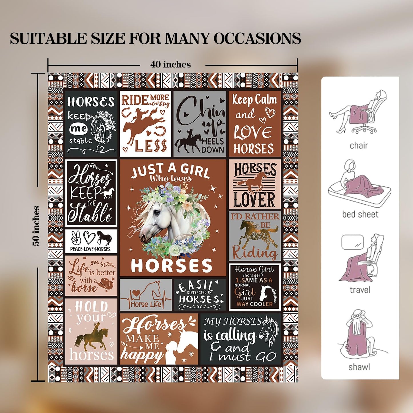 Horse Lover Gift for Women - 50"x40" Ultra Soft Plush Flannel Fleece Brown Horse Throw Blanket, Cozy Fluffy Decor for Couch Bed, Christmas Birthday Present