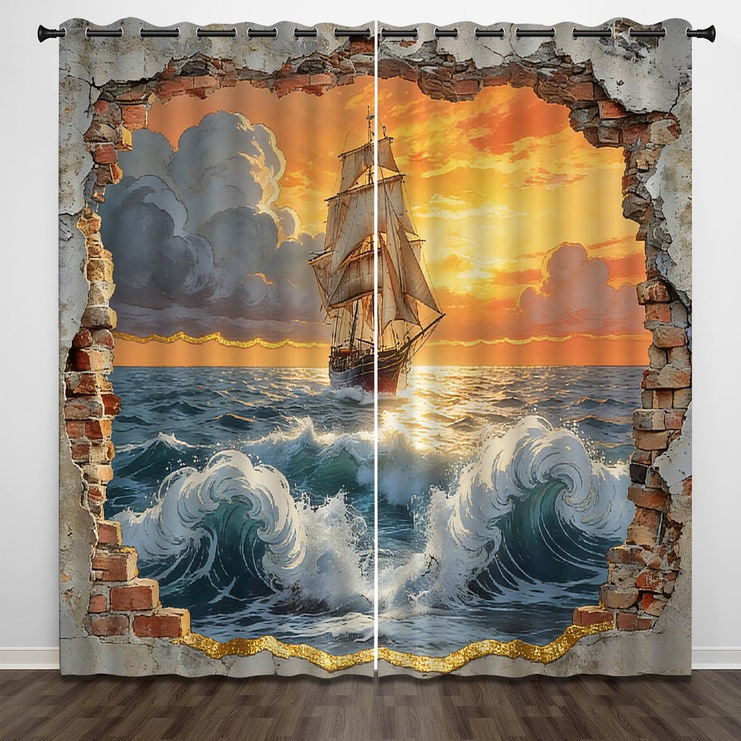 Ocean Sailing Ship Blackout Curtains, Sunset Sky Clouds 3D Print Drapes, Darkening Curtains with Top Grommet 2 Panel Drapes for Sliding Glass Door Bedroom Living Room(104" W x 63 "L)
