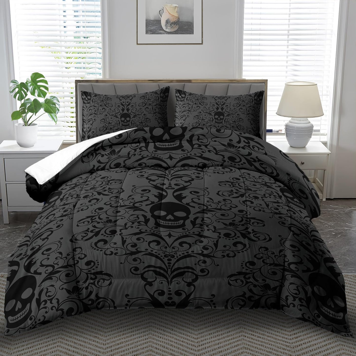 llyxsesty Halloween Skull Comforter Set Queen Boys Hippie Bedding Set for Teens Black Goth Comforter Queen Girls Quilt Gothic Bedroom Decor Skull Bedding Halloween Home Decor