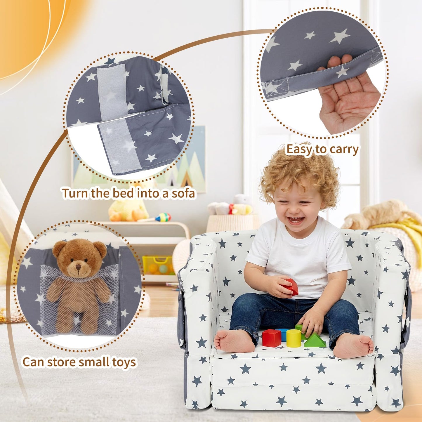 Toddler Travel Bed, 2-in-1 Portable Toddler Bed Sofa Chair Convertible Travel Crib with Storage Pockets, Foldable Portable Toddler Bed Sofa Chair Velvet Washable Covers for Kids Camping Hotel Sleeping