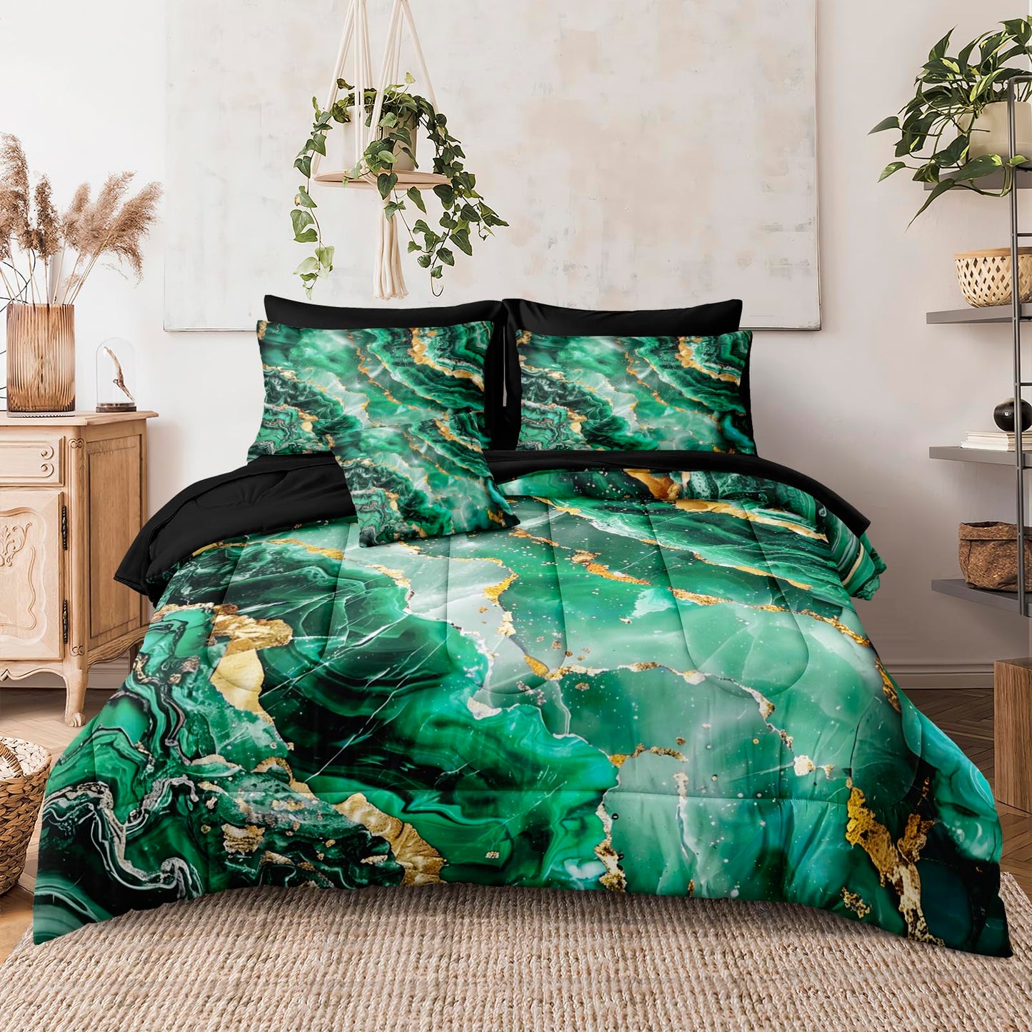 Bedbay Black Gold Comforter Set King Size Green Gold Marble Comforter 8 Pcs Emerald Green King Bed in a Bag Marble Bedding Set 1 Comforter 4 Pillowcases 1 Flat Sheet 1 Fitted Sheet 1 Cushion Cover