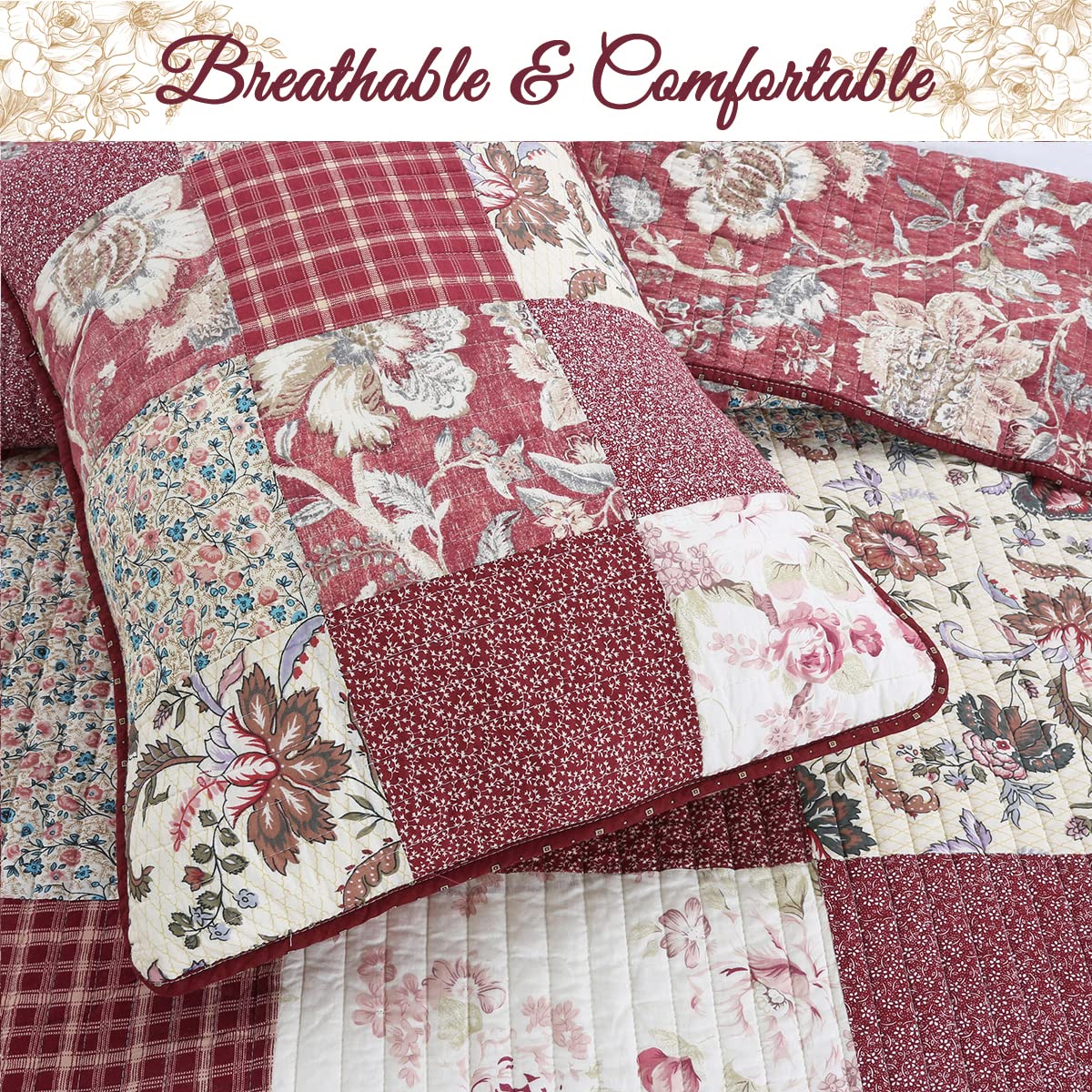 Cozy Line Home Fashions 100% Cotton Hand Piecing Real Patchwork Vintage Burgundy Rose Cottage Reversible Quilt Set, Coverlet Bedspread (Red Floral, King - 3 Piece)
