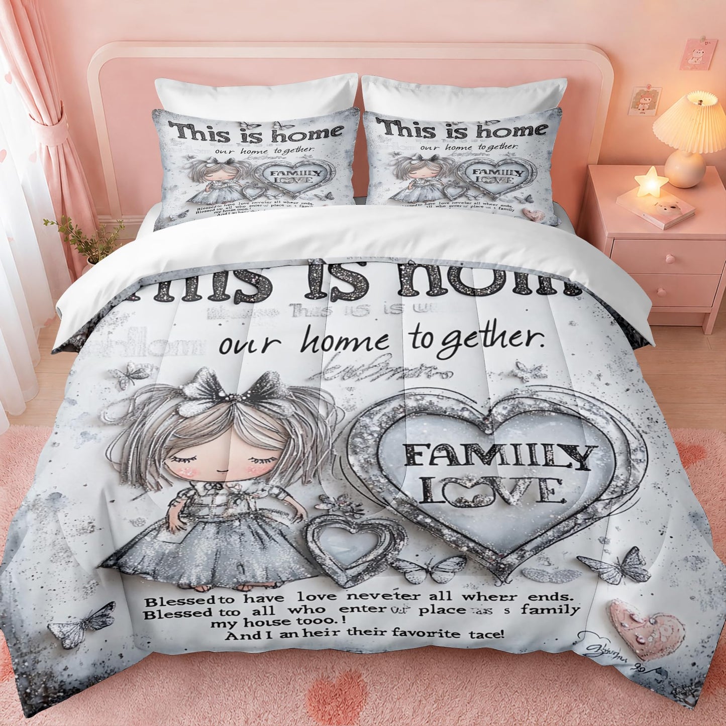 CCoutueChen Kids Twin Princess Bedding Set, Silver Glitter Girl Butterfly Hearts Comforter Set for Girls, Shabby Chic Warm Microfiber Comforter with 1 Pillowcase, 68"x86"