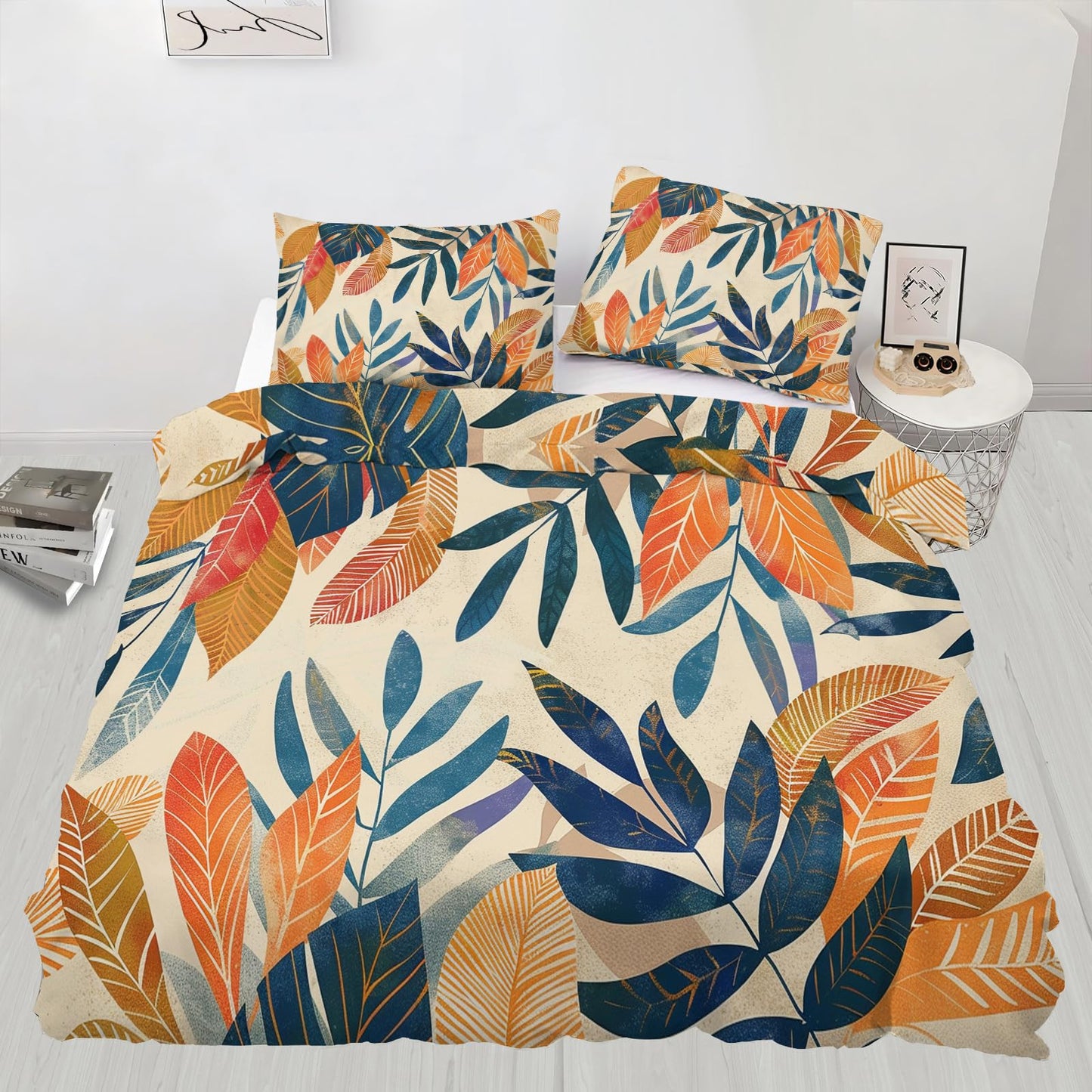 ZAMODE Leaf Duvet Cover 120" x 98", Tropical Leaf Bedding Set, Vintage Boho Leaves Comforter Cover with Zipper Ties