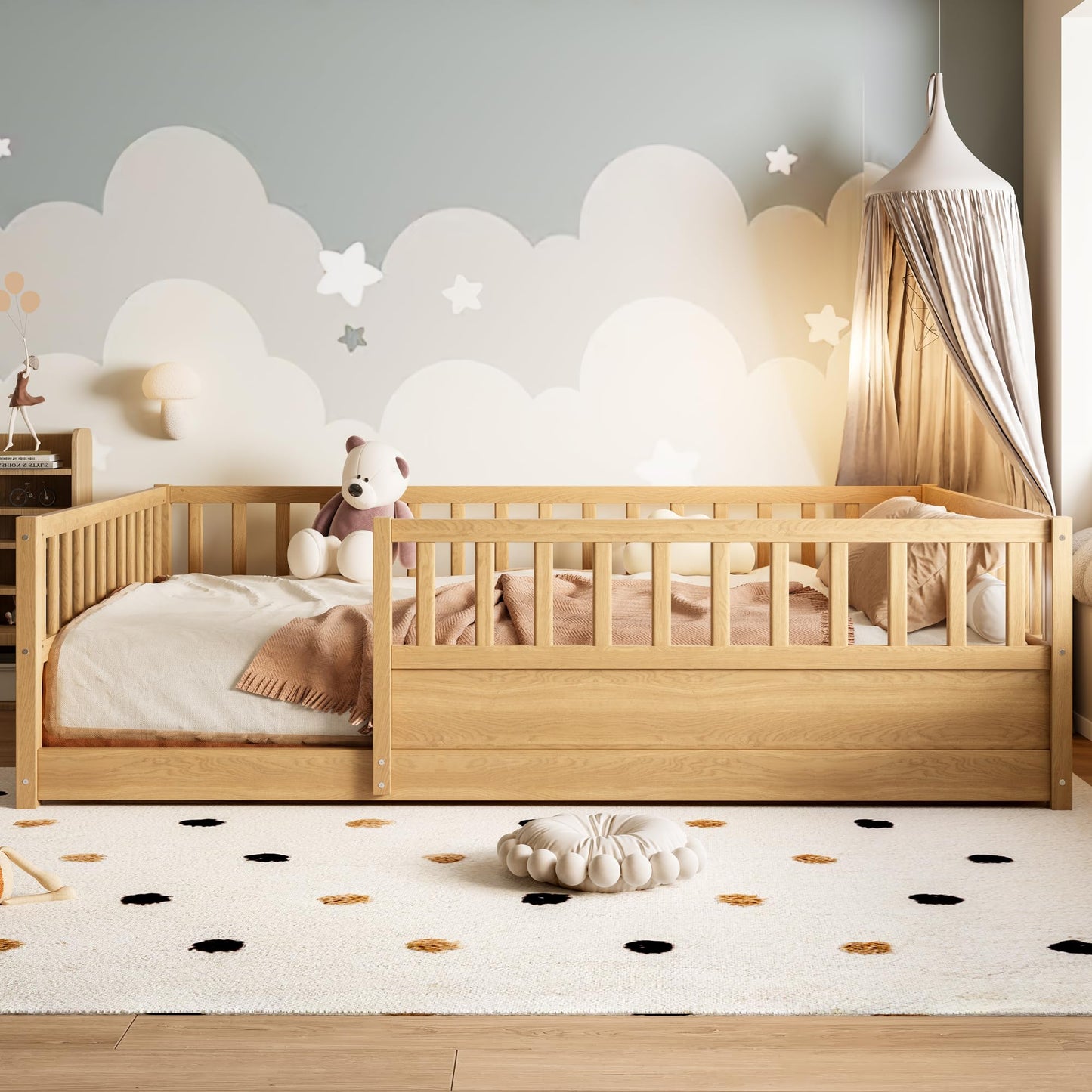 KEIKI Full Size Floor Bed, Montessori Floor Bedframe with Fence, Wood Bed with Support Slat for Living Room, Natural