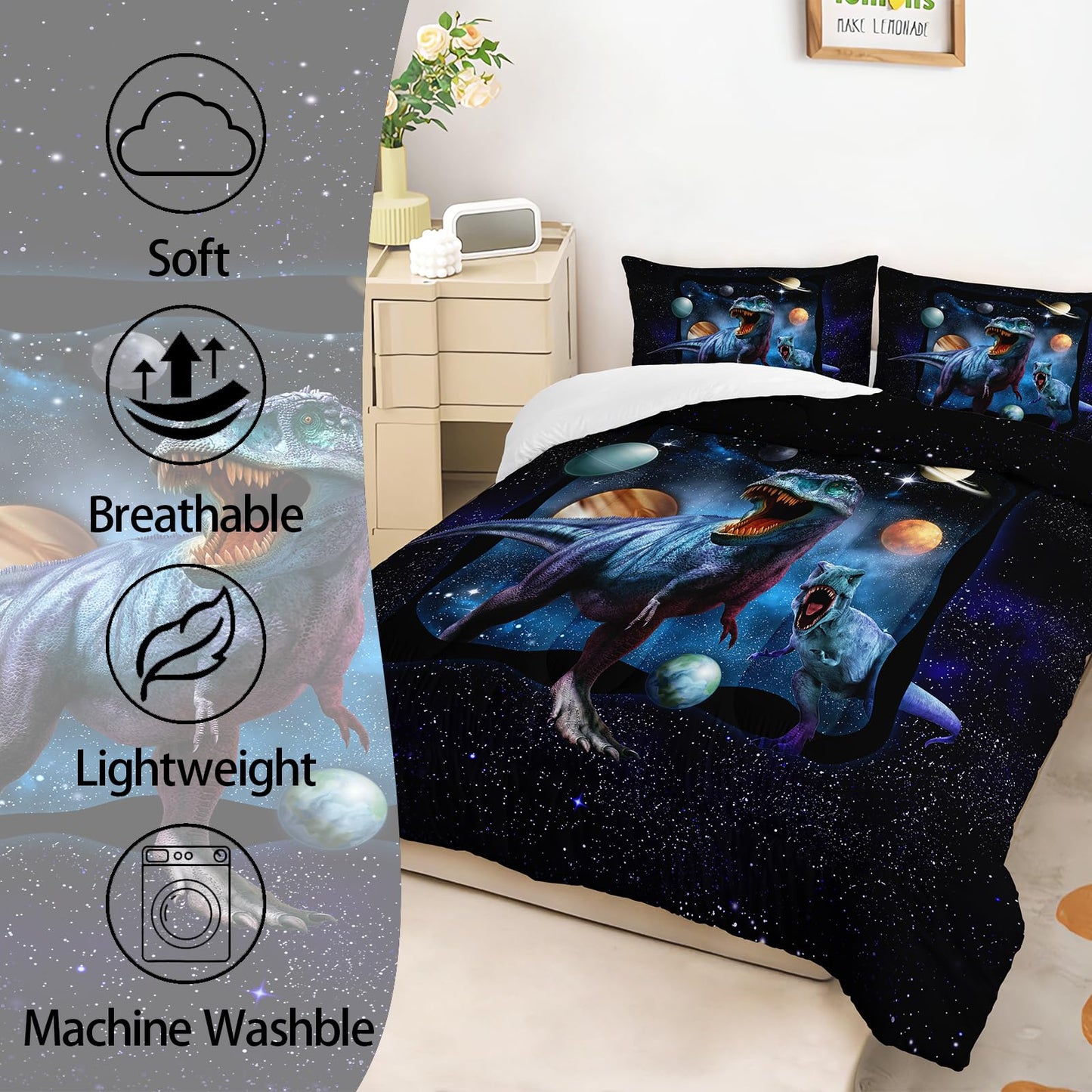 AILONEN Space Galaxy Dinosaur Bedding Set, Purple Dreamy Nebula Dinosaur Twin Size Bedding Sets for Boys Girls,Dino Roar Planet Pattern Soft Breathable Quilt Set 3Pcs(1 Comforter + 2 Pillowcase)