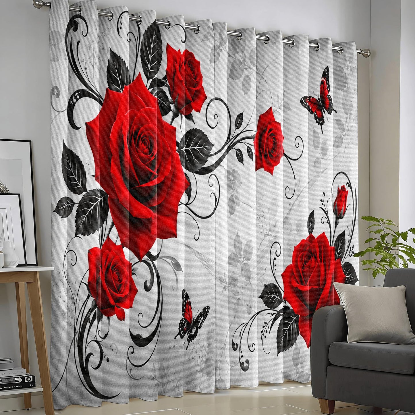 Blackout Curtains Grommet Top 2 Panels, 29.5"W x 45"L, Vintage Red Rose Black Vine Butterfly Window Drapes, Thermal Insulated Room Darkening Gothic Curtains for Living Room Bedroom Dining Room
