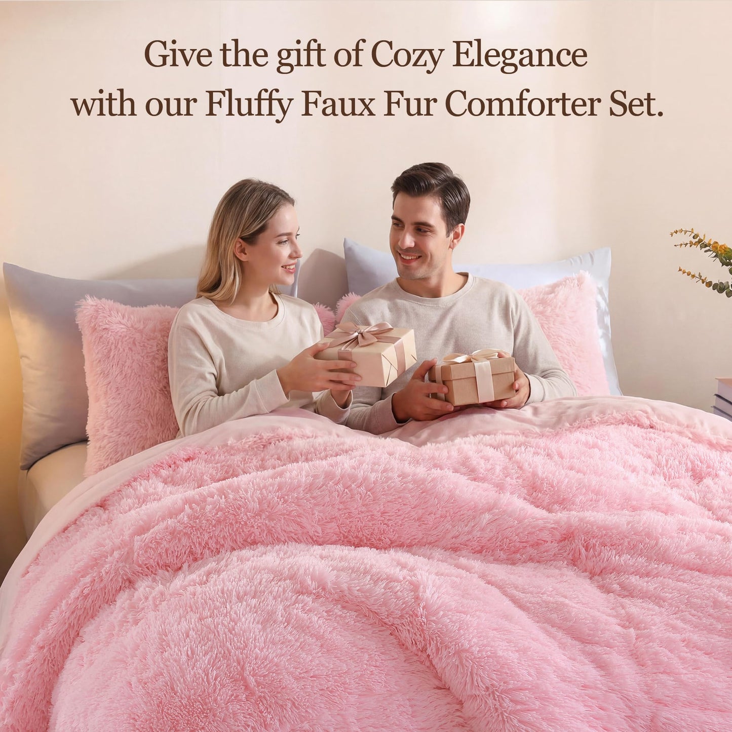 Smoofy Fluffy Queen Comforter Set, Faux Fur Pink Comforter Set Queen Size, Luxury Fuzzy Bedding Set, Soft Shaggy Bed Set Pink for All Season, 3 Pieces - 1 Comforter & 2 Pillowcases