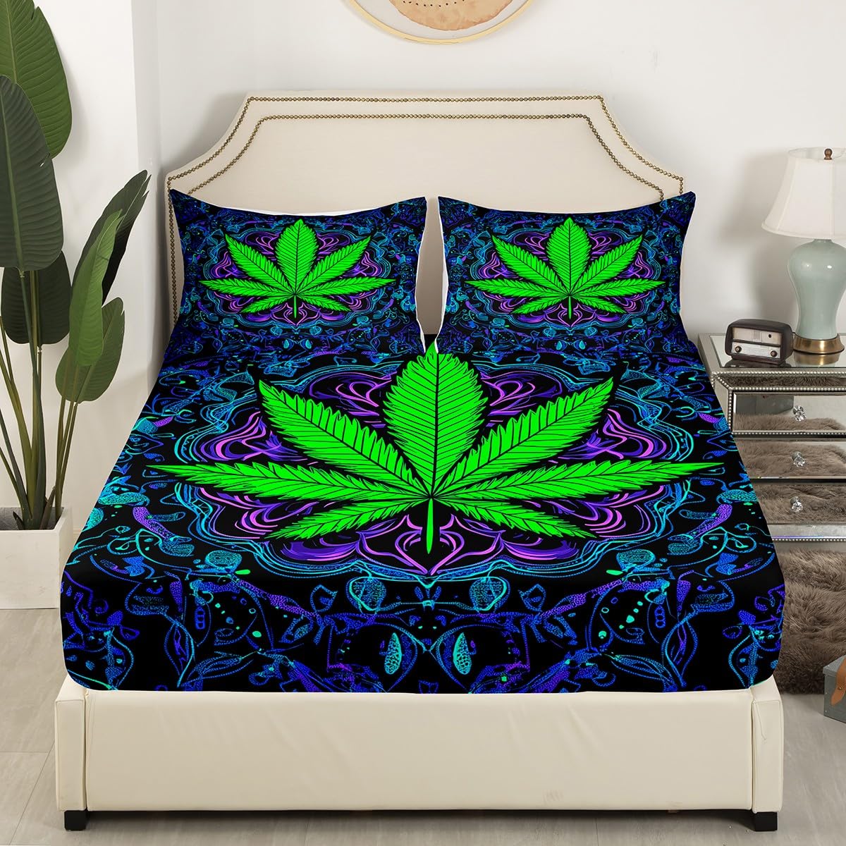 Erosebridal Bed Sheets Full Size Leaves Fitted Sheet Green Chic Top Sheet Purple Leaf Botanical Sheet Set Bohemian Style Plant Flat Sheet 4Pcs