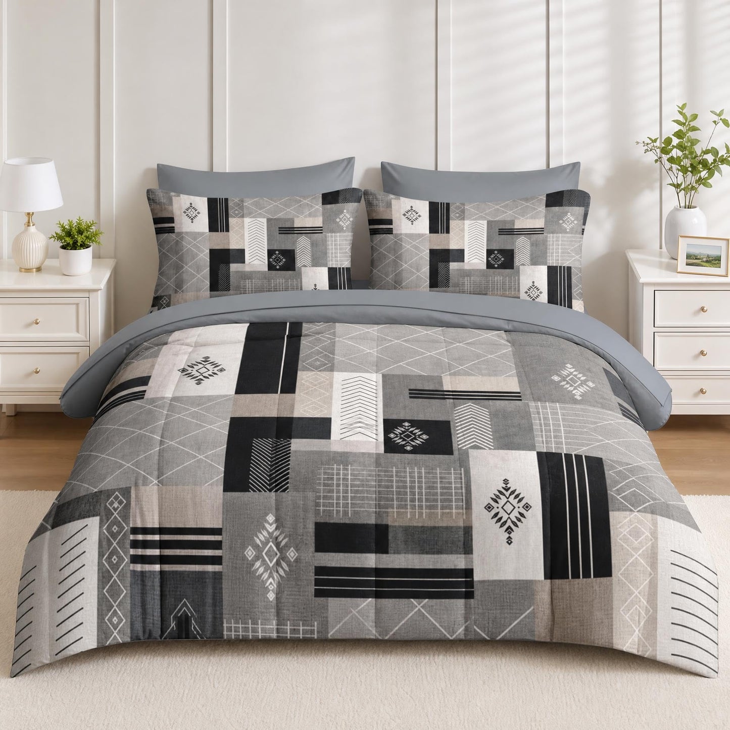 Boewywh Comforter Set Twin Size Geometric Abstract Aztec 7 Pcs, Bedding for Kids and Adults, Grey Modern Bed Sheet Sets with Fitted Sheet 2 Pillowcases & 2 Shams for Bedroom Bed Decor