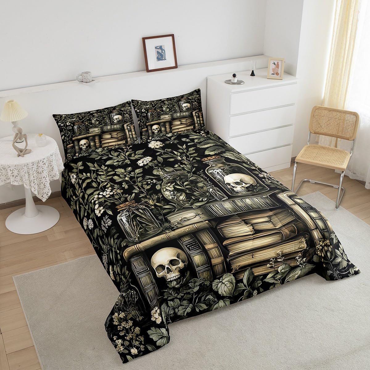 jejeloiu Dark Academia Bedding Set 2Pcs Twin Size Kids Skull Comforter Set for Boys Girls Goth Duvet Quilt Soft Lightweight,Microfiber