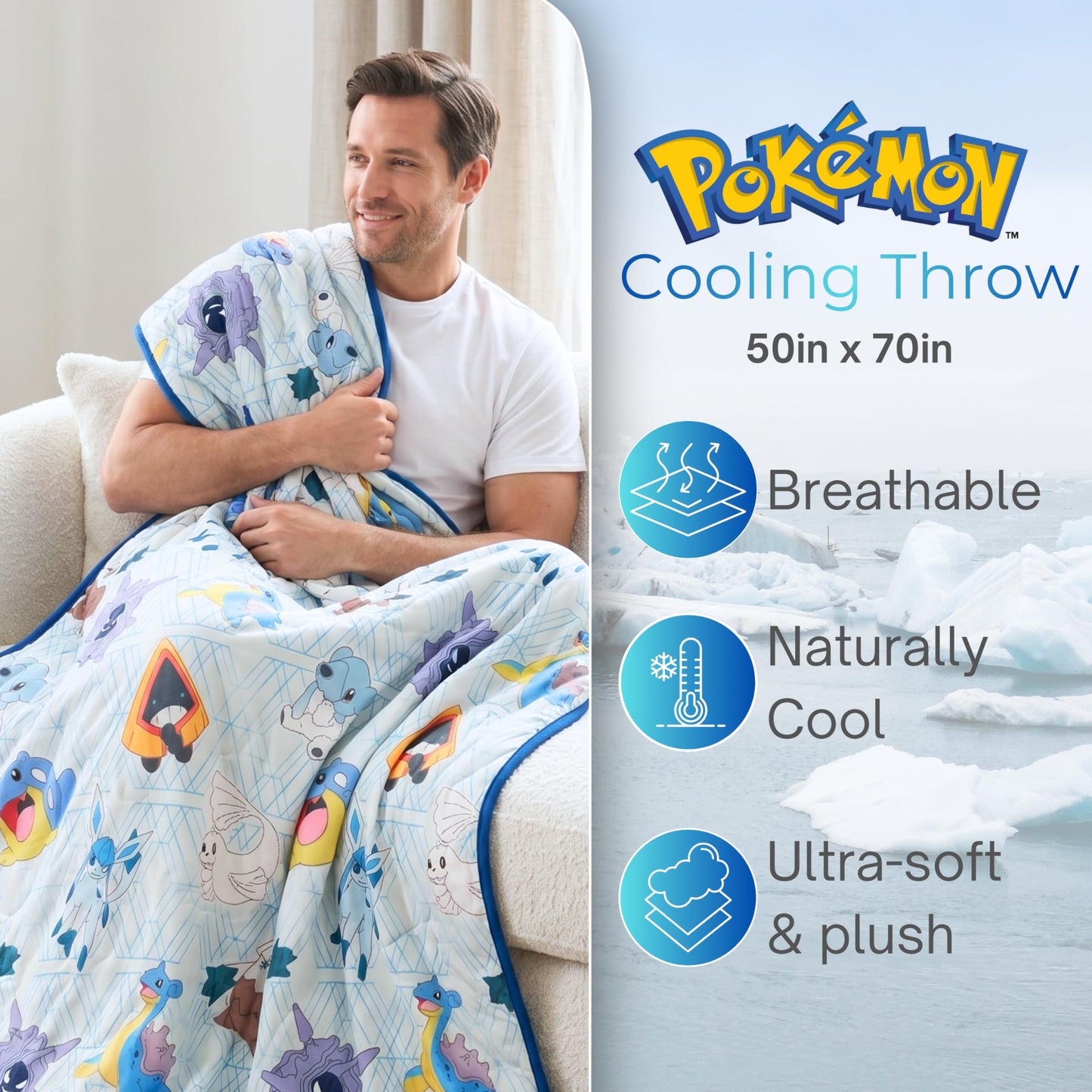 Pokemon Anime Gaming Cooling Throw Blanket for Hot Sleepers, 50 x 70 Inch Lightweight All-Season Throw, Soft Breathable Cooling Fabric for Couch, Bed, (Officially Licensed Product) by Franco Calm