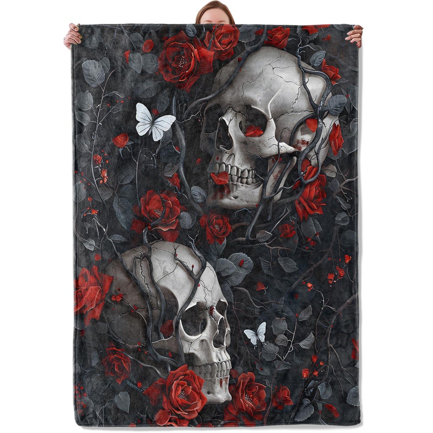 Skull Rose Gothic Blanket Gifts for Women Adults, Soft Warm Lightweight Flannel Throw Blankets for Camping Bedroom Living Room Home Sofa Travel Decor 50" x 60"