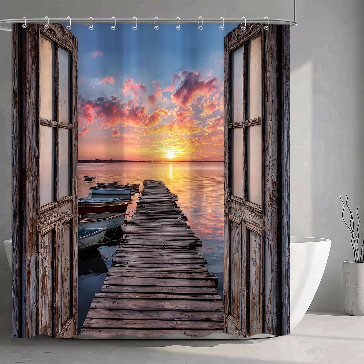 Coastal Beach Barn Door Shower Curtain, Nautical Ocean Seashore Sunset Decorative Waterproof Fabric Shower Curtain for Bathroom, Seaside Sunrise Pier Seascape Rustic Bath Curtain Set with Hooks72x72in