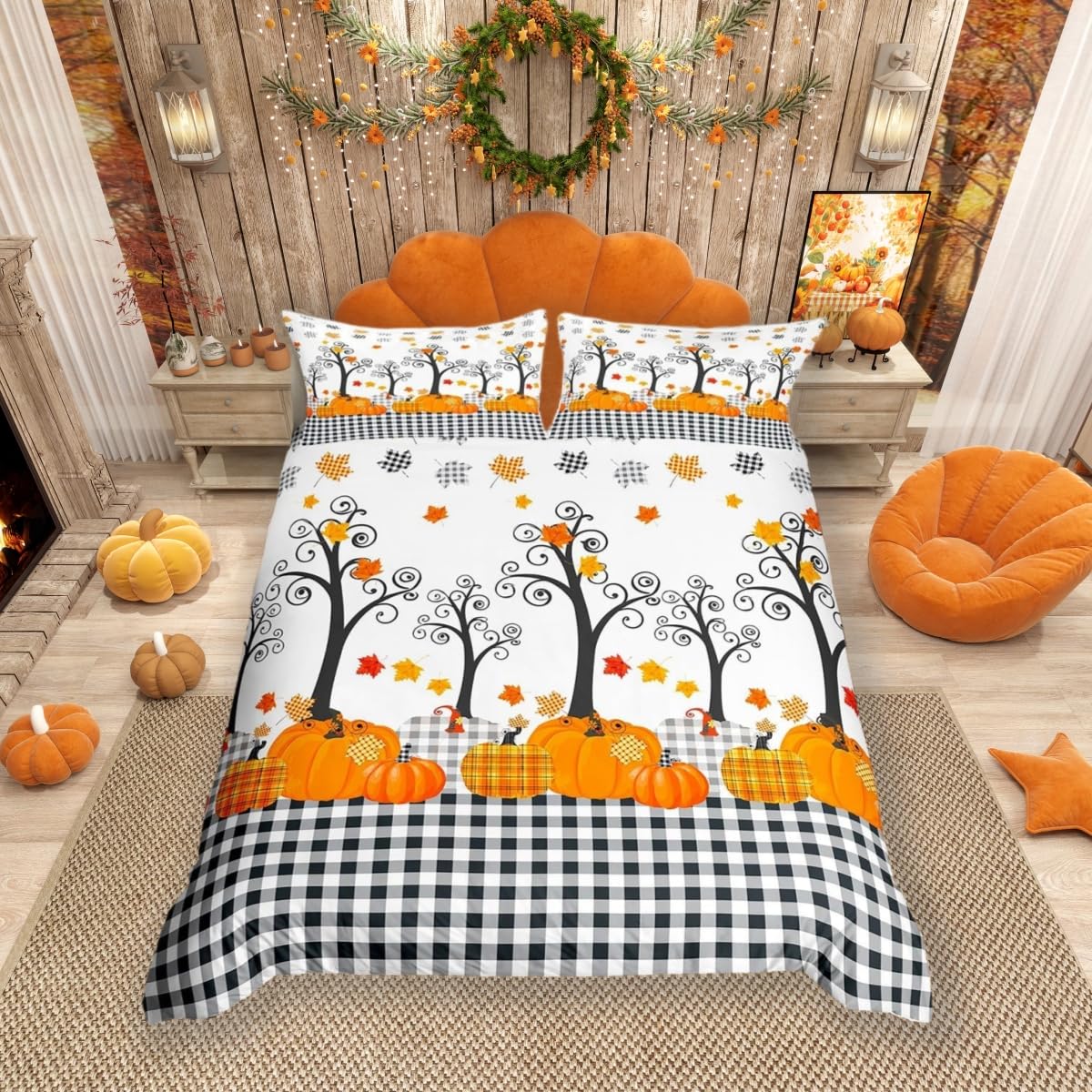 Pumpkin Autumn Duvet Cover Set King Size,Kids Adults Bedroom/Farm Halloween Decor,Black White Plaid Bedding Set,Maple Trees Fall Leaves Comforter Cover,Rustic Orange Quilt Cover,3pcs,2 Pillowcases