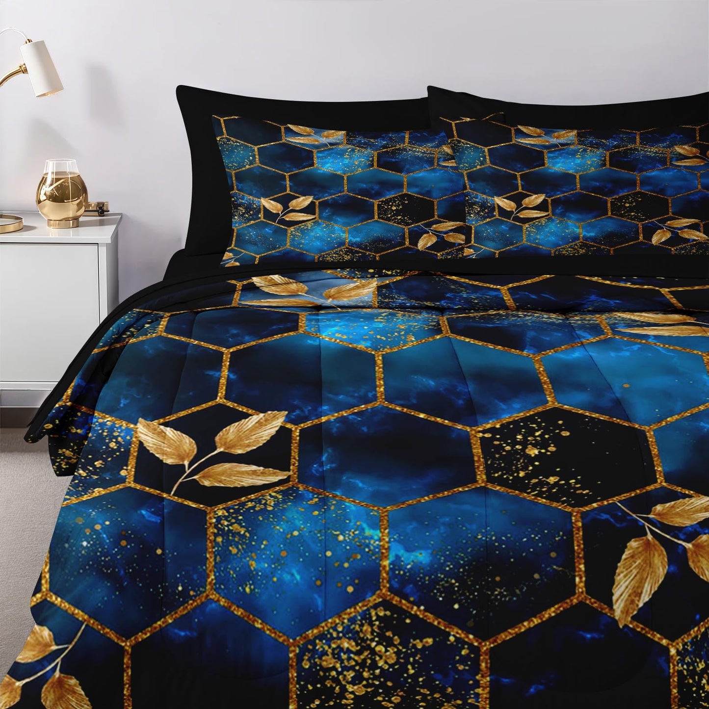 Nesker Comforter Set Queen Size, Luxury Geometric Hexagon 7 Pcs Bedding for Kids and Adults, Navy Blue Gold Marble Leaves Bed Sheet Sets with Fitted Sheet 2 Pillowcases & 2 Shams
