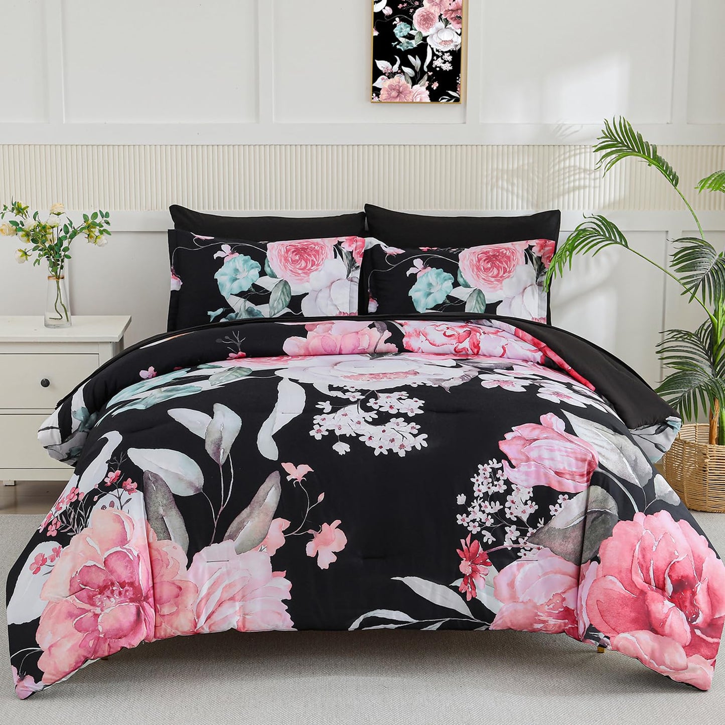 Yogeneg King Size Comforter Set 7 Piece Bed in a Bag,Pink Floral Botanical Pattern Black Bedding Set,Soft Microfiber Comforter with Sheet Set,All Season Bed Set(Pink,King)