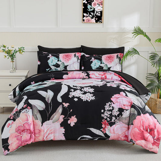 Yogeneg King Size Comforter Set 7 Piece Bed in a Bag,Pink Floral Botanical Pattern Black Bedding Set,Soft Microfiber Comforter with Sheet Set,All Season Bed Set(Pink,King)