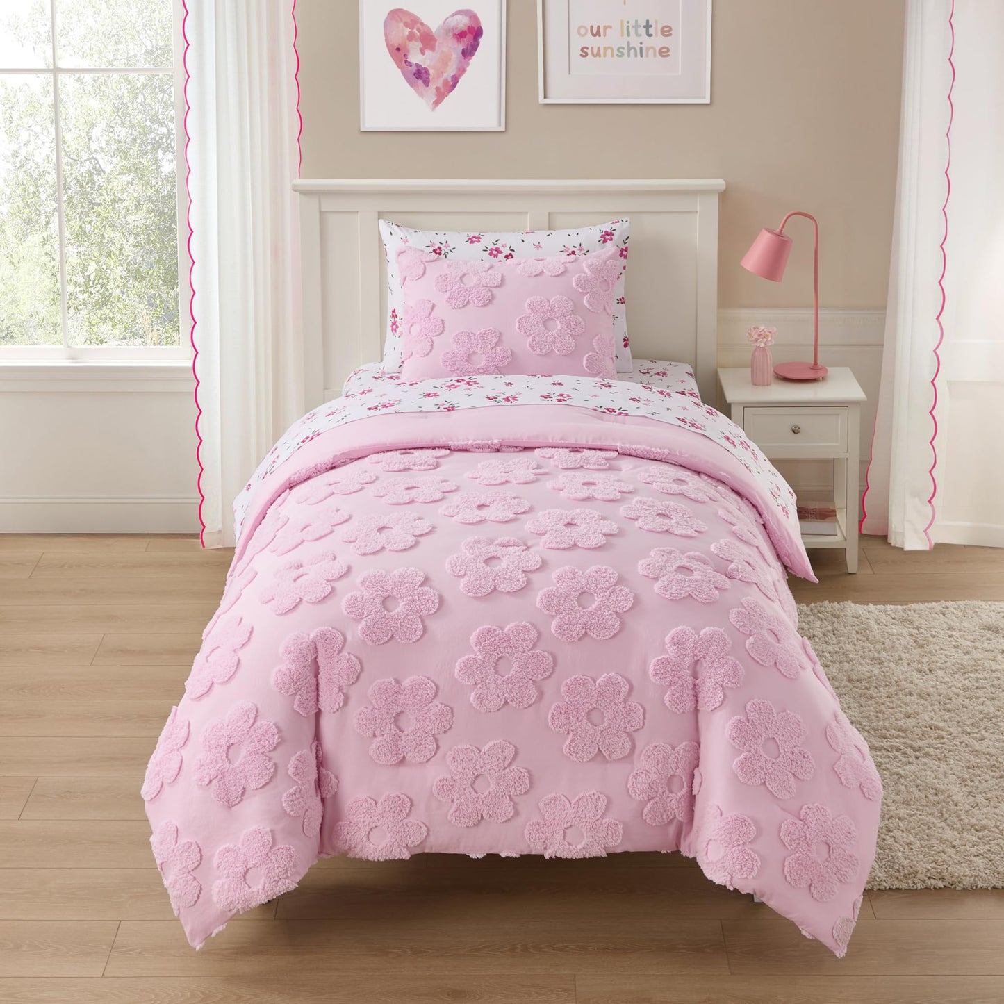 Kids Twin Size Bed in a Bag Tufted Comforter & Sheet Set – Complete Bedding Set with Corner Strap Fitted Sheet, Ultra Soft Lightweight All Season Comforter, Girls Bedroom, Dorm, Guest Room