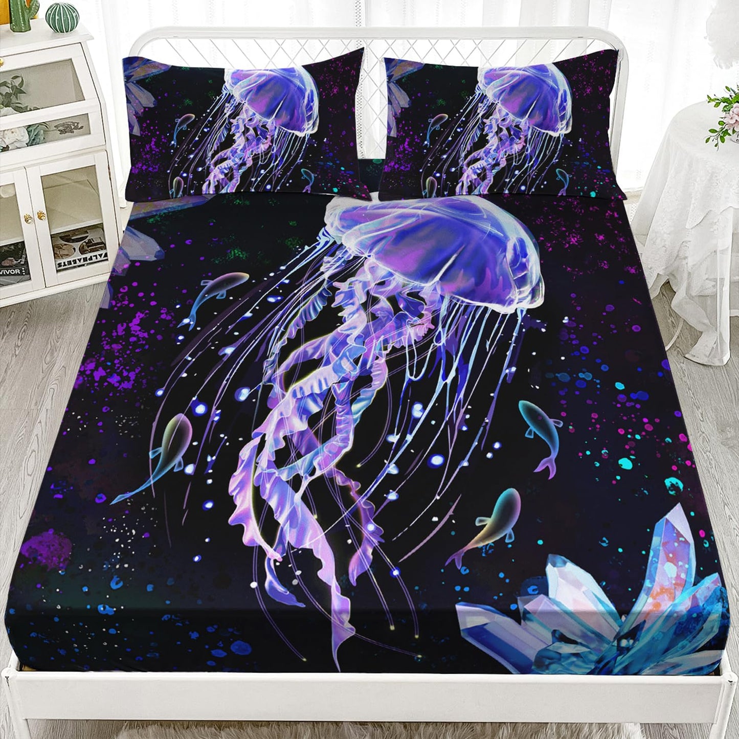 HOSIMA Dreamy Marine Life Sea Animal Bedding Colored Ink Fitted Sheet,Deep Sea Treasure Crystals Jellyfish Twin Bed in a Bag Set for Adults Kids,Ocean Beach Theme Bedding 3 Piece.