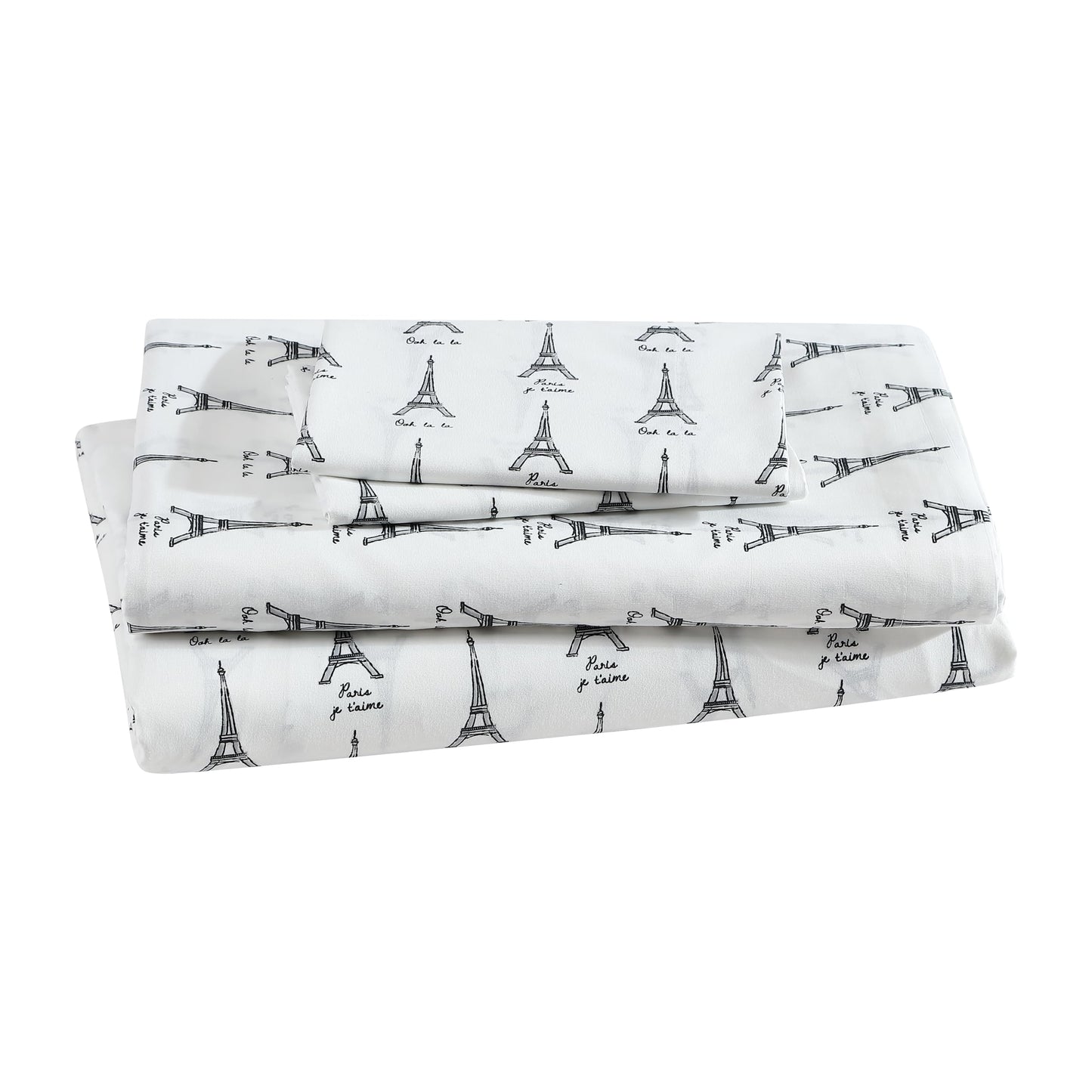 Beatrice Home Fashions Printed Microfiber Sheet Set, Soft Comfortable Easy Care, Includes 1 Fitted Sheet with 12" Deep Pockets, 1 Flat Sheet, Pillowcase, Full, White Paris