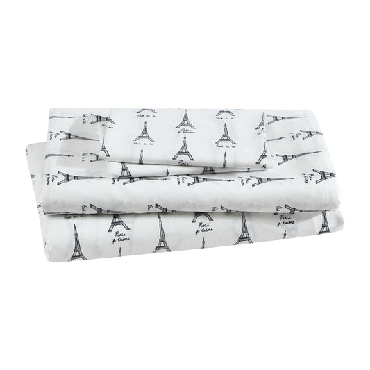 Beatrice Home Fashions Printed Microfiber Sheet Set, Soft Comfortable Easy Care, Includes 1 Fitted Sheet with 12" Deep Pockets, 1 Flat Sheet, Pillowcase, Full, White Paris