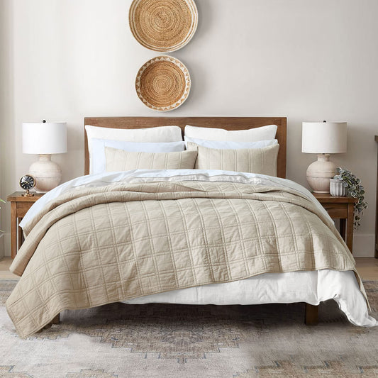 HORIMOTE HOME 100% Cotton Quilt Twin Size Beige Bedspread, Pre-Washed 2-Piece Cozy Lightweight Stitching Decorative Bedding Cover Coverlet Set with 1 Sham in Geometric Pattern for All Season