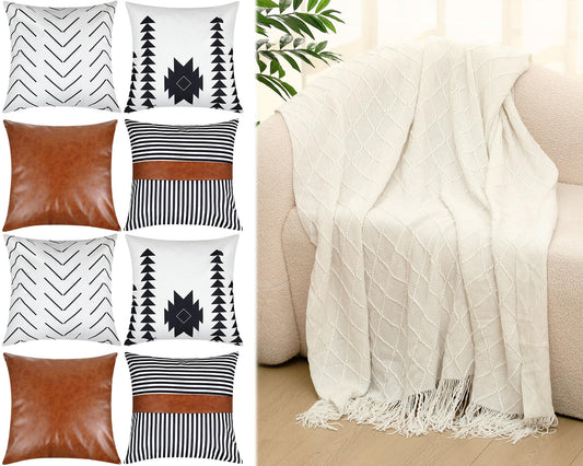 Mixweer Boho Throw Blanket and Pillow Cover Set, Beige Knitted Throw Blanket and Linen Pillow Cover Soft Sofa Couch Cushion for Home Farmhouse Sofa Bed Holiday Decoration
