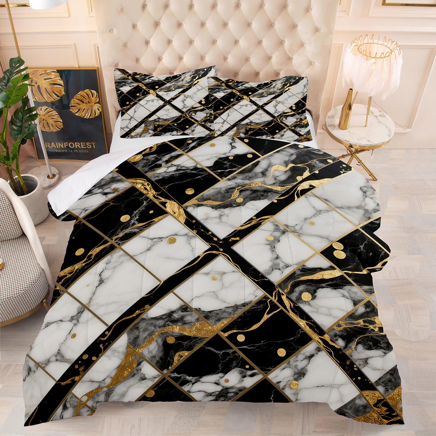 EDGZKO White Marble Comforter Set: Twin Size Geometric Black and Gold Bedding Sets Abstract Marbling Quilts for Teens Kids Modern Aesthetic Bed Set 1 Comforter & 1 Pillowcase