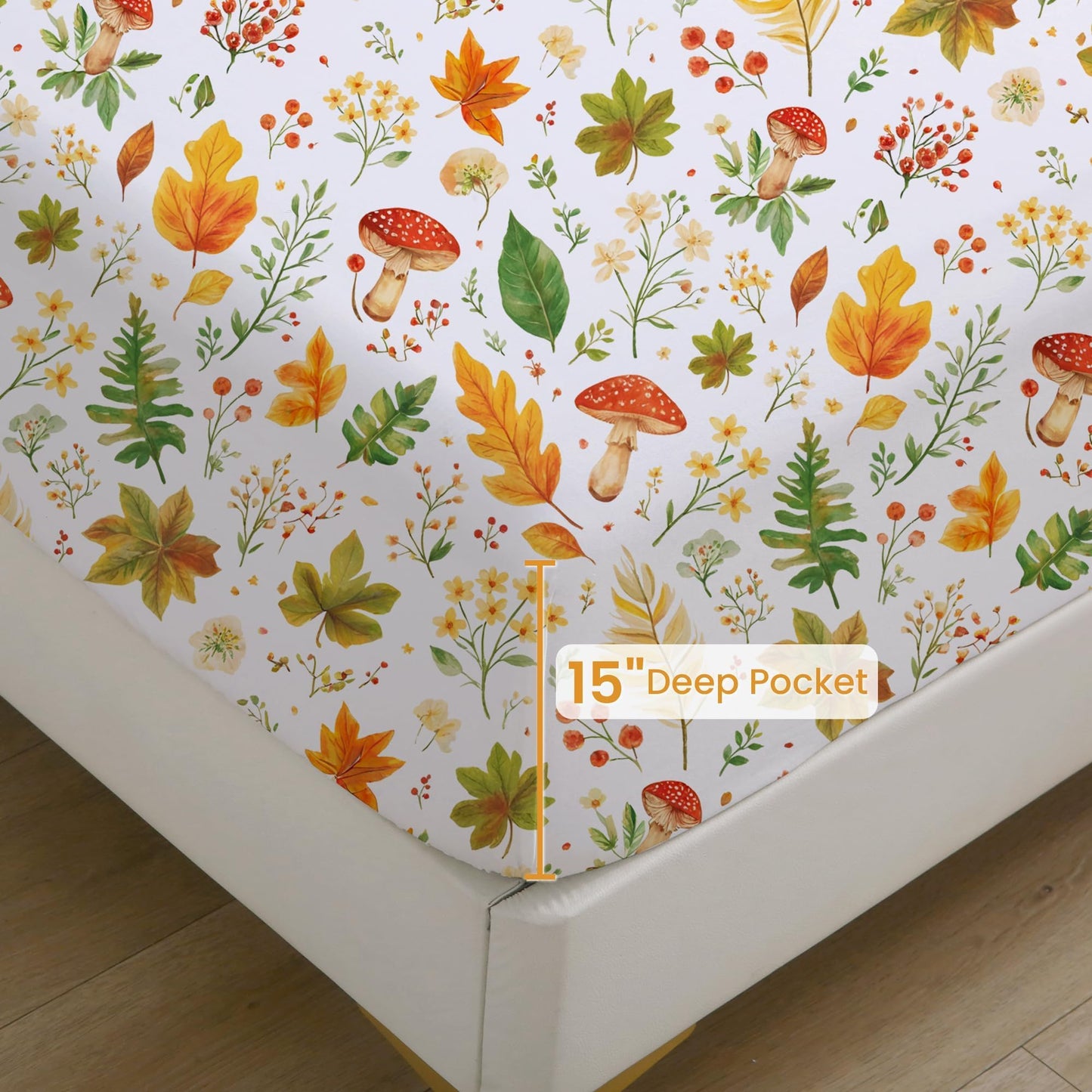 Softan Orange Floral Full Size Sheet Set, Printed Microfiber Fitted Sheet with 15" Deep Pockets & Non-Slip Straps, Maple Leaves & Mushroom Patterned Double Bedding Sheets & Pillowcase Set