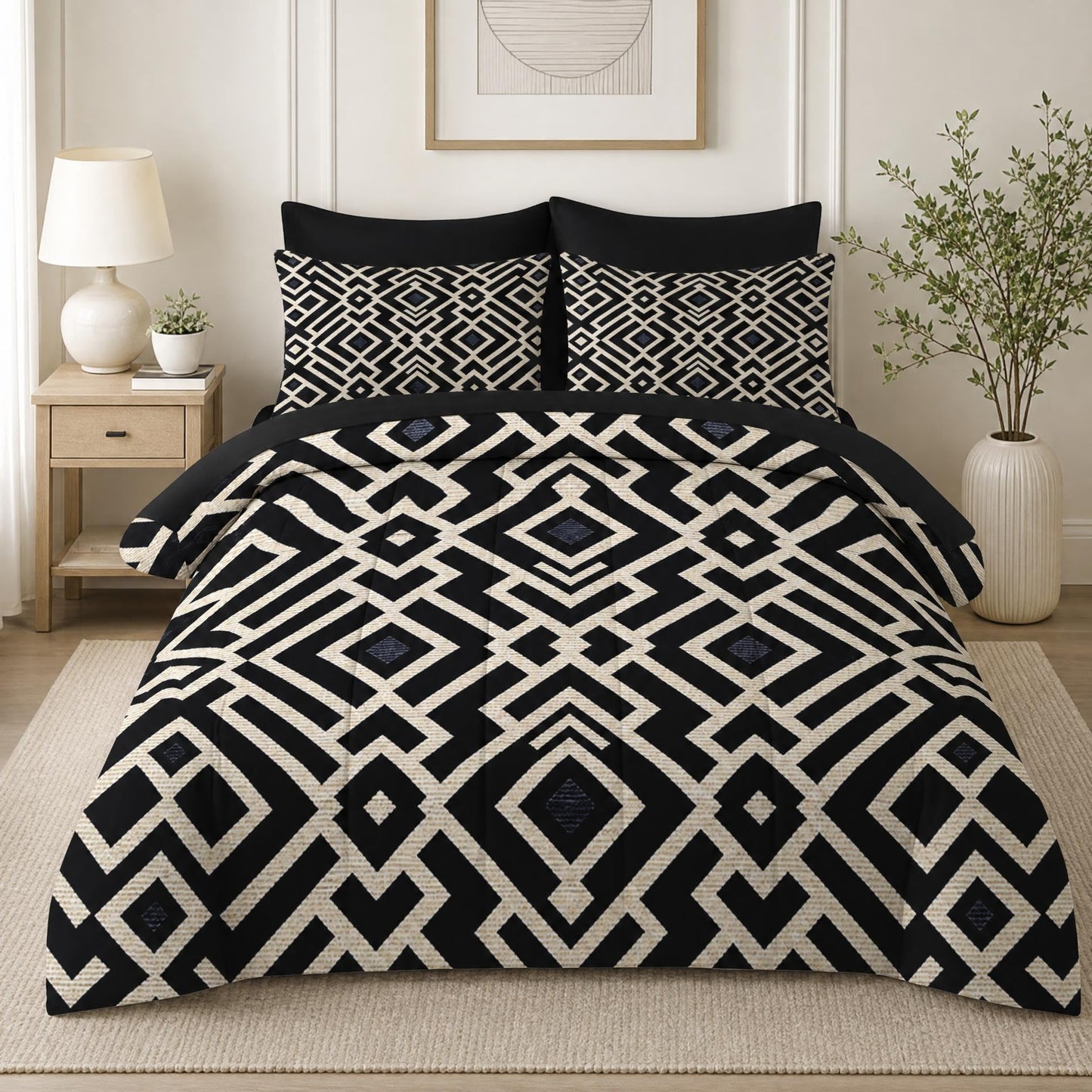 Boewywh Comforter Set Twin Size Geometric Aztec Boho 7 Pcs, Bedding for Kids and Adults, Black Beige Bed Sheet Sets with Fitted Sheet 2 Pillowcases & 2 Shams for Bedroom Bed Decor