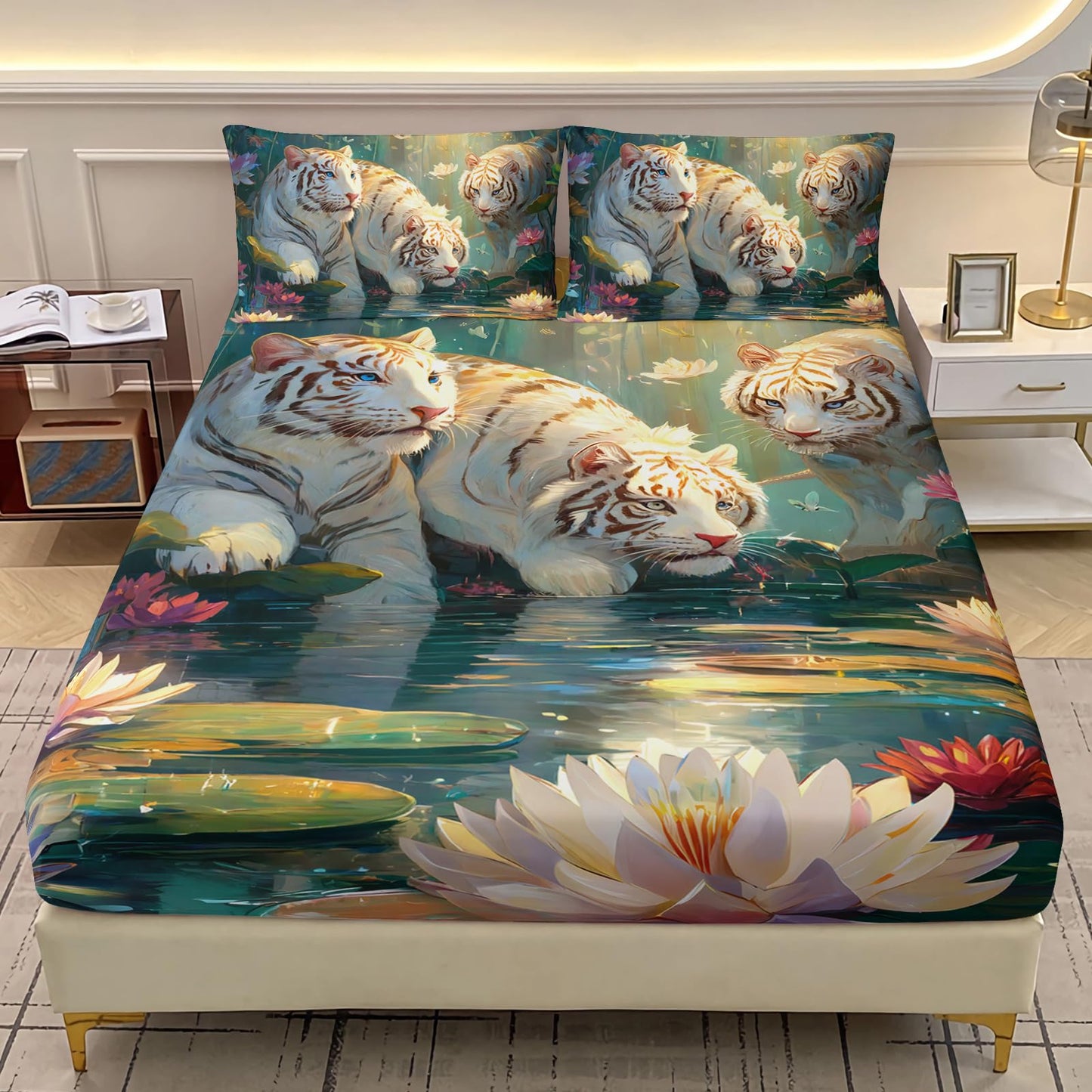 AILONEN White Tiger Twin Size Fitted Sheet Set,Cute Tiger & Pink Lotus Bedding Set for Kids Girls,3-Piece Beautiful Forest Floral Wildlife Fitted Sheet + 2 Pillowcases