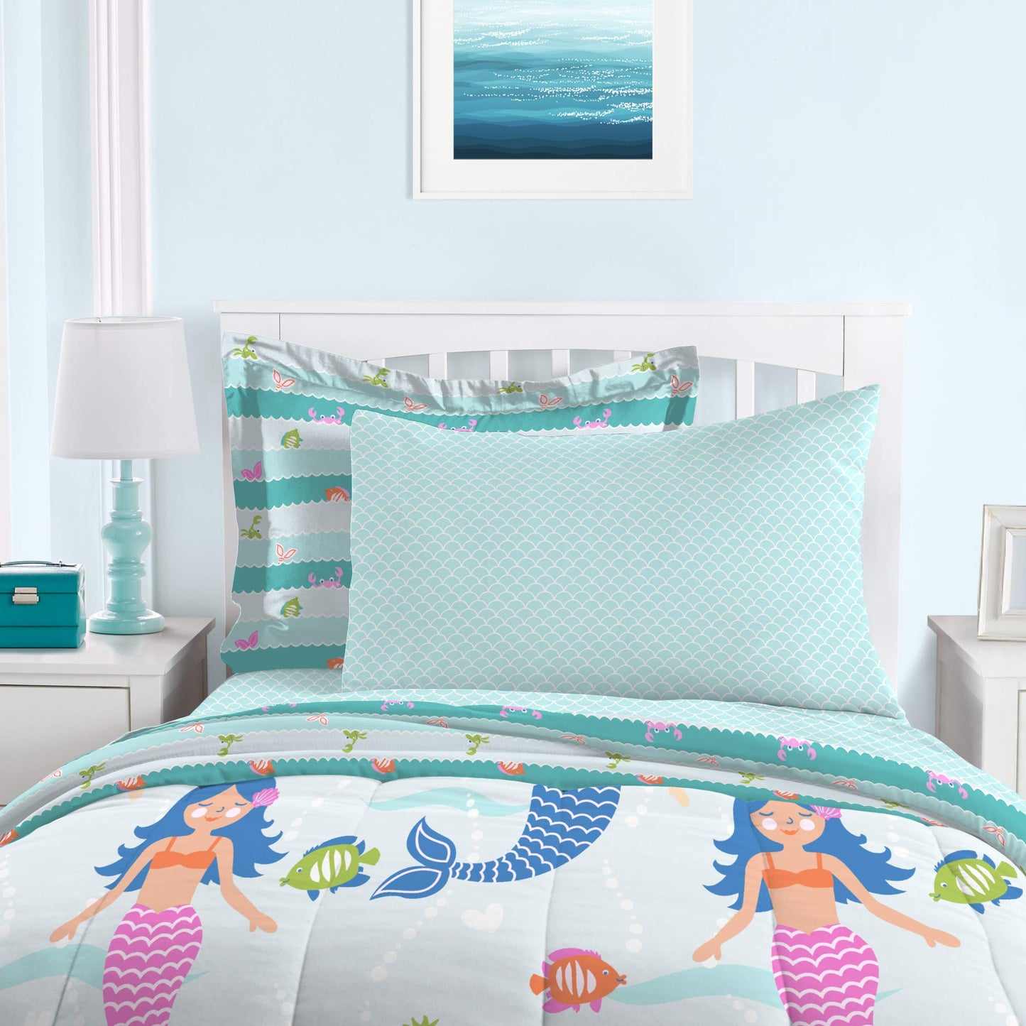 dream FACTORY Kids 5-Piece Complete Set Easy-Wash Super Soft Microfiber Comforter Bedding, Twin, Light Blue Mermaid Dreams