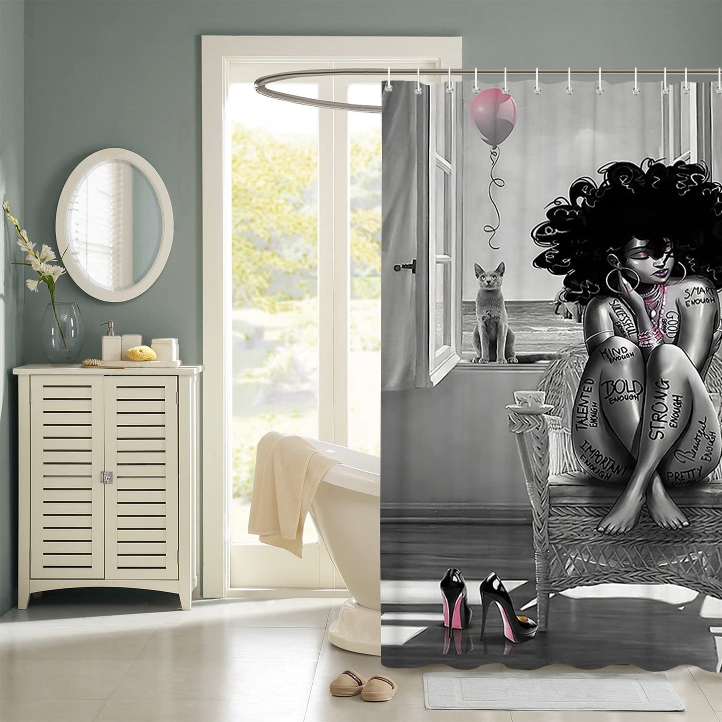 TYAKASHA African American Woman Shower Curtain Waterproof Polyester Fabric Shower Curtain for Bathroom Grey Bathroom Curtain Machine Washable Quick Dry 72 x 72 Inches with 12 Hooks
