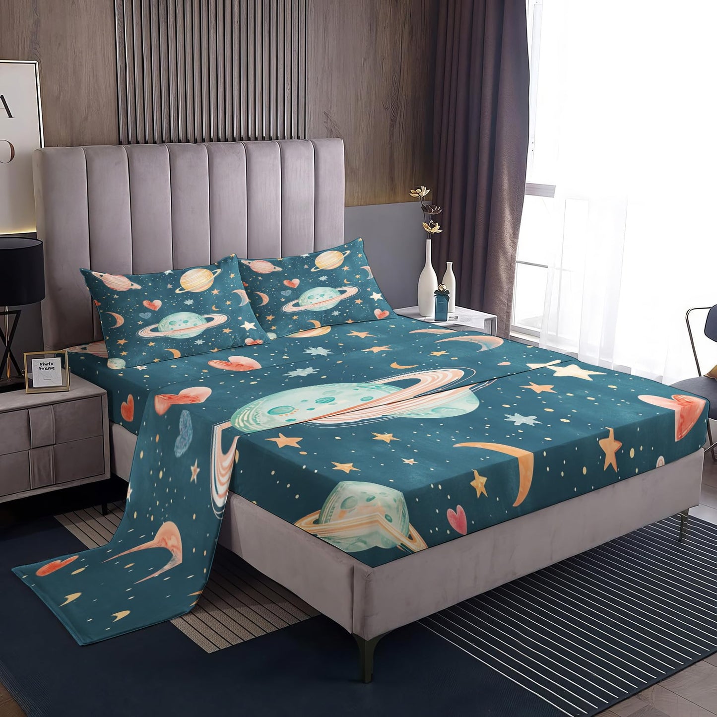 Rejkxyw King Size Sheets Set Cartoon Planet - Star Moon Outer Space Bed Sheets - Boys Girls Sheet Set - 12 Inch Deep Pocket - Ultra Soft Winkle Free Microfiber Bedding Sheets & Pillowcases 4 Piece
