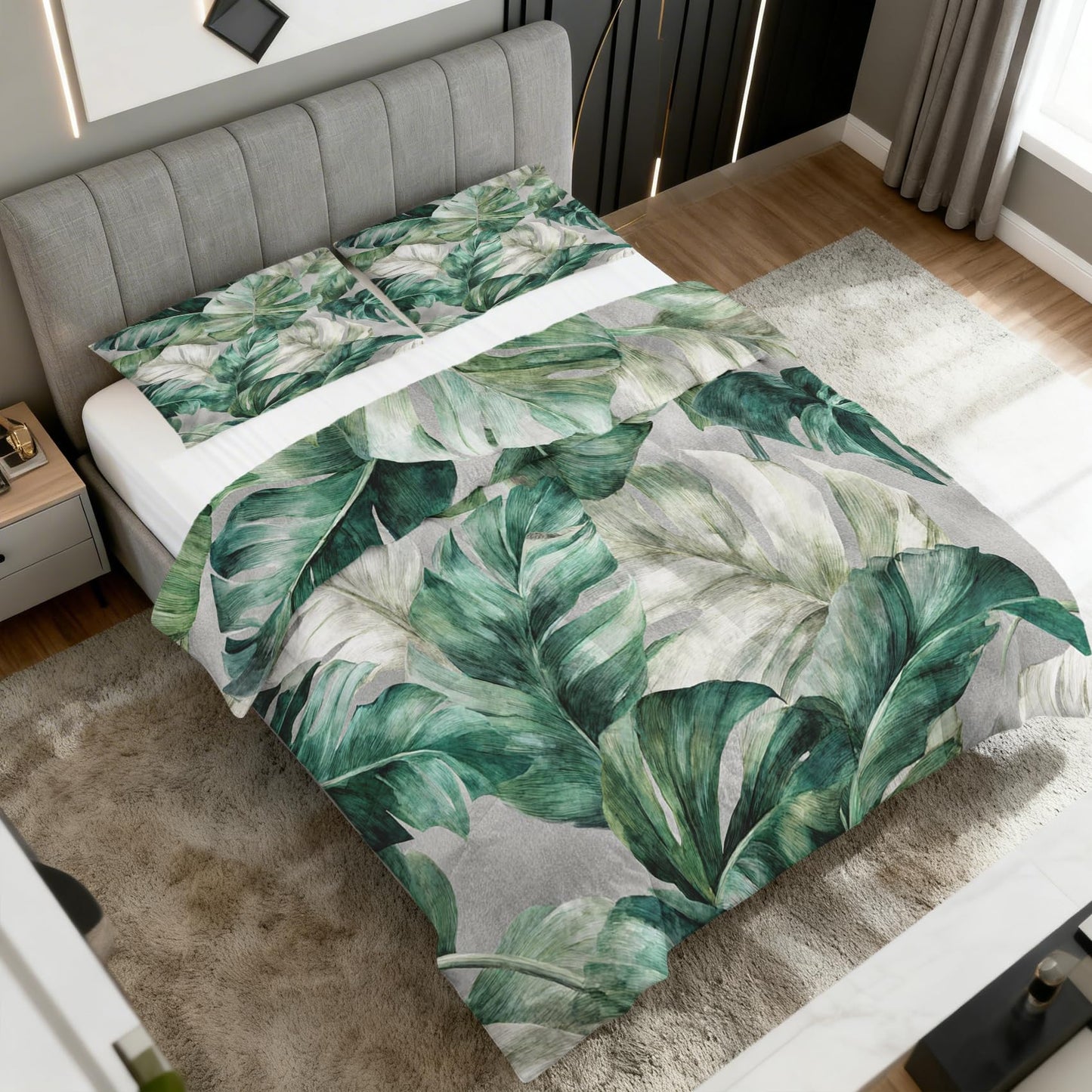Monstera Leaf Comforter Set King Size 3Pc, Tropical Botanical Leaves Pattern Down Alternative Bed Comforter, 2 Pillow Shams, Soft All Season Bedding, Monstera Leaf Bedroom Decor AF3788