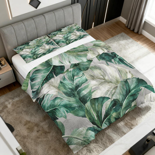 Monstera Leaf Comforter Set King Size 3Pc, Tropical Botanical Leaves Pattern Down Alternative Bed Comforter, 2 Pillow Shams, Soft All Season Bedding, Monstera Leaf Bedroom Decor AF3788