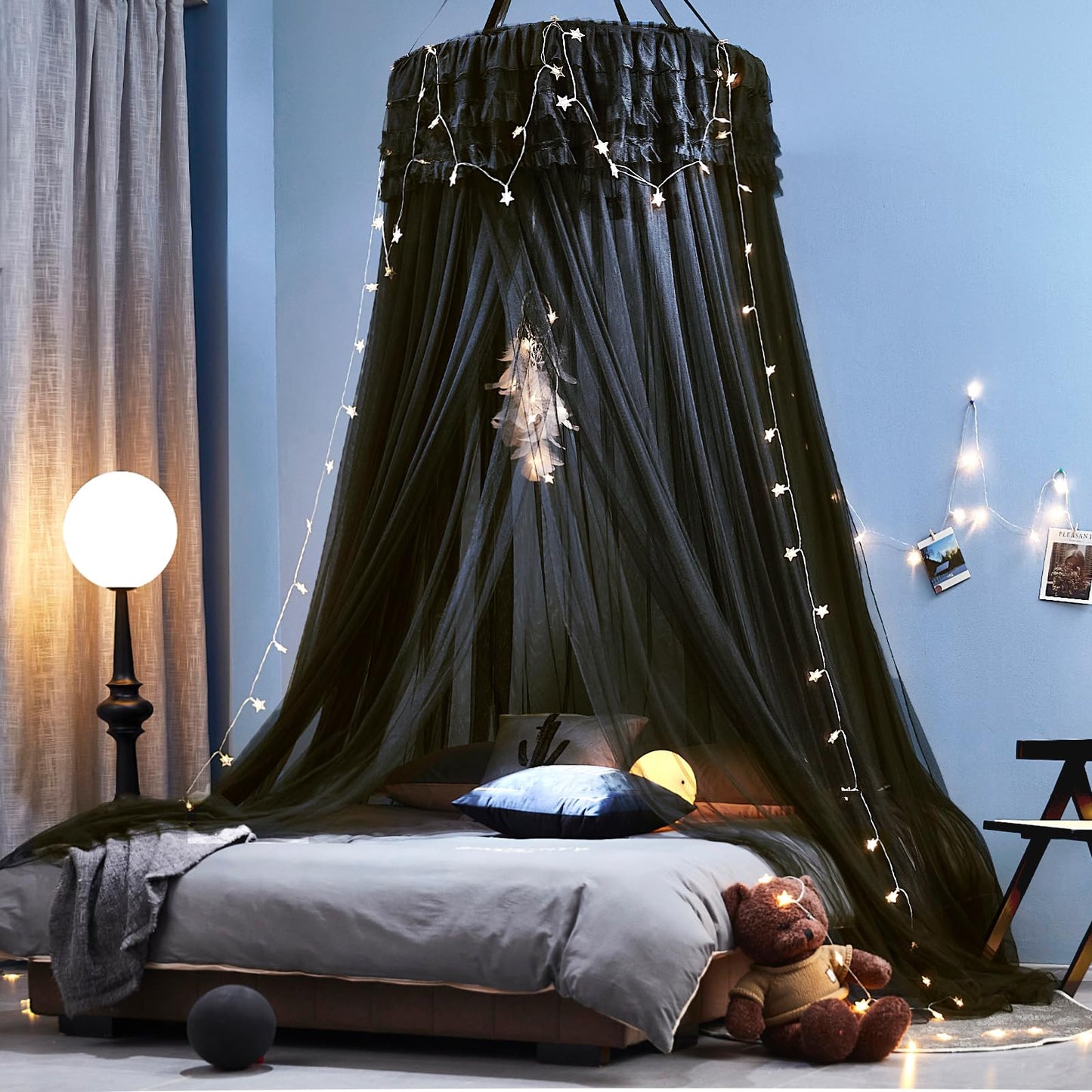 Kertnic Dreamy Bed Canopy for Girls, Princess Canopy Curtains Double Layer Sheer Mesh, Adults Canopies Netting Room Decor Tent Mosquito Net for Queen King Bed (Double Layer-Black)