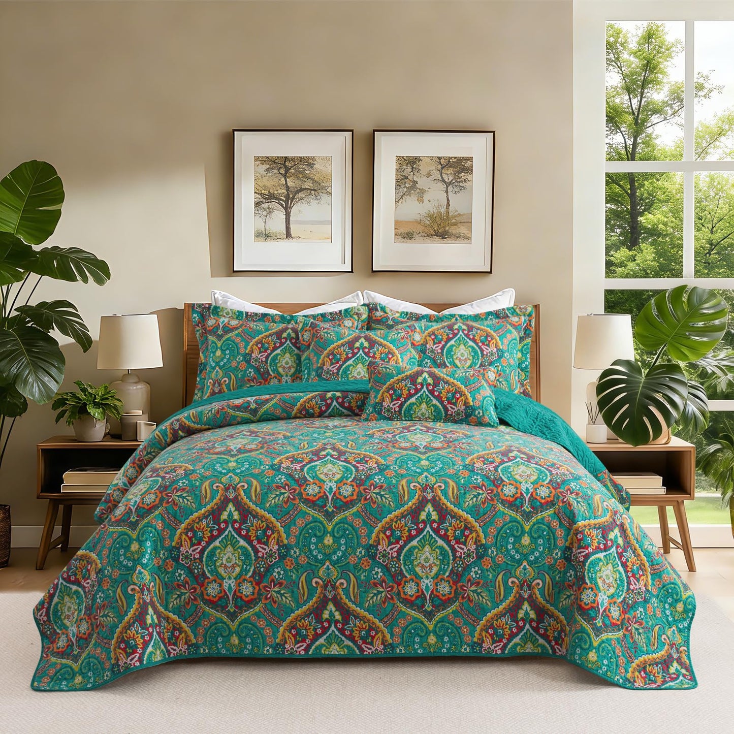 BEDIFANY Green Queen Comforter Set 3 Pieces, Cotton Queen Size Quilts for Bed, Lightweight Boho Quilted Bedspread for All Season