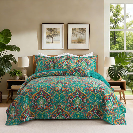 BEDIFANY Green Queen Comforter Set 3 Pieces, Cotton Queen Size Quilts for Bed, Lightweight Boho Quilted Bedspread for All Season