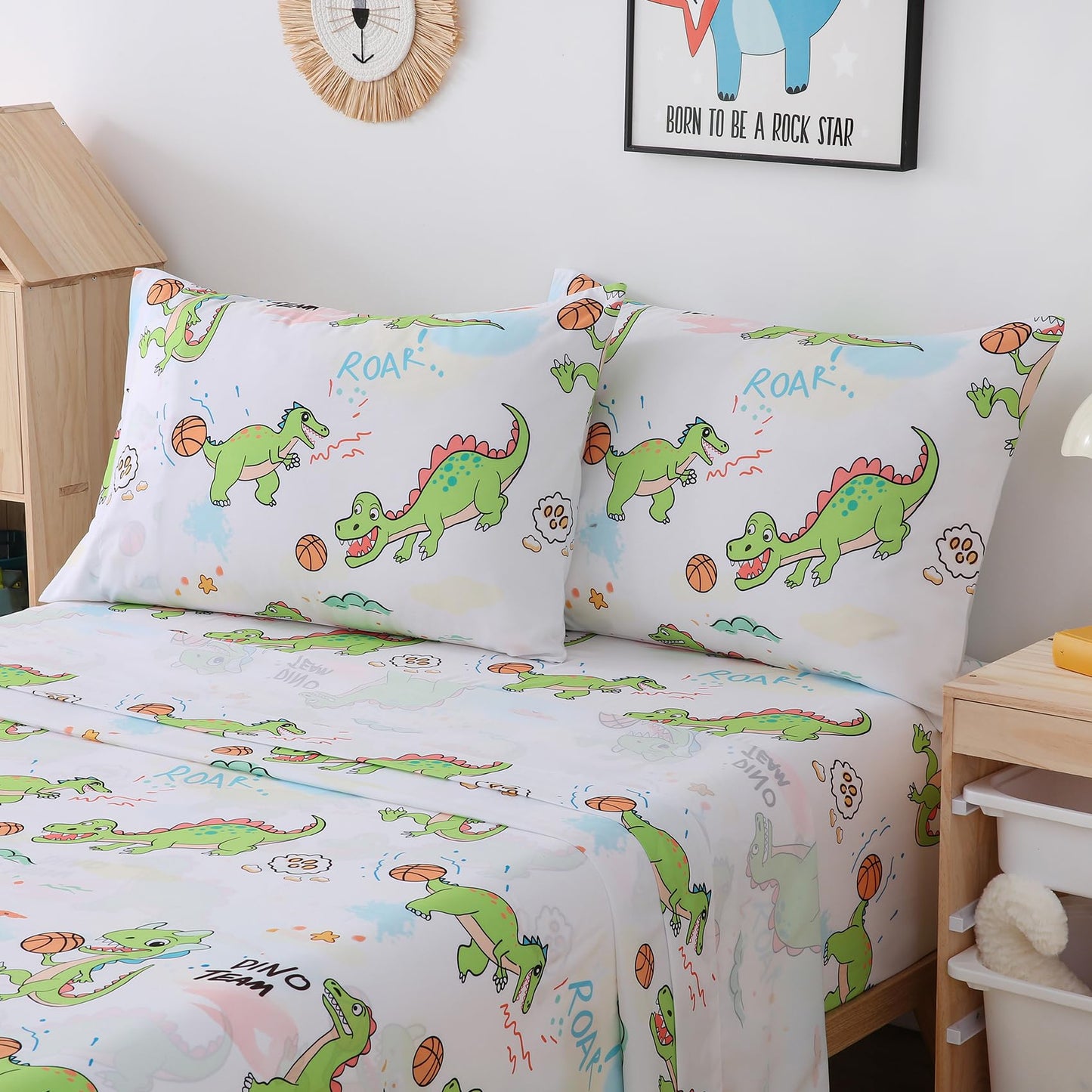 Yibeizi Full Size Sheets Set Kids, Dinosaur Pattern Microfiber Double Bed Sheets, Cute Soft Oeko-Tex Extra Deep Pocket Sheets & Pillowcases Cooling Hypoallergenic Wrinkle Free Bedsheets
