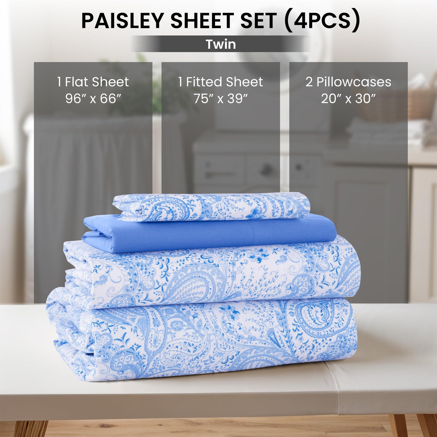 Ultra Soft Wrinkle-Free Microfiber Paisley Twin Sheet Set, Cute Floral Pattern Boho Print – 16" Deep Pocket Fitted Sheet, Flat Sheet & 2 Pillowcases, Breathable, OEKO-TEX - White/Blue