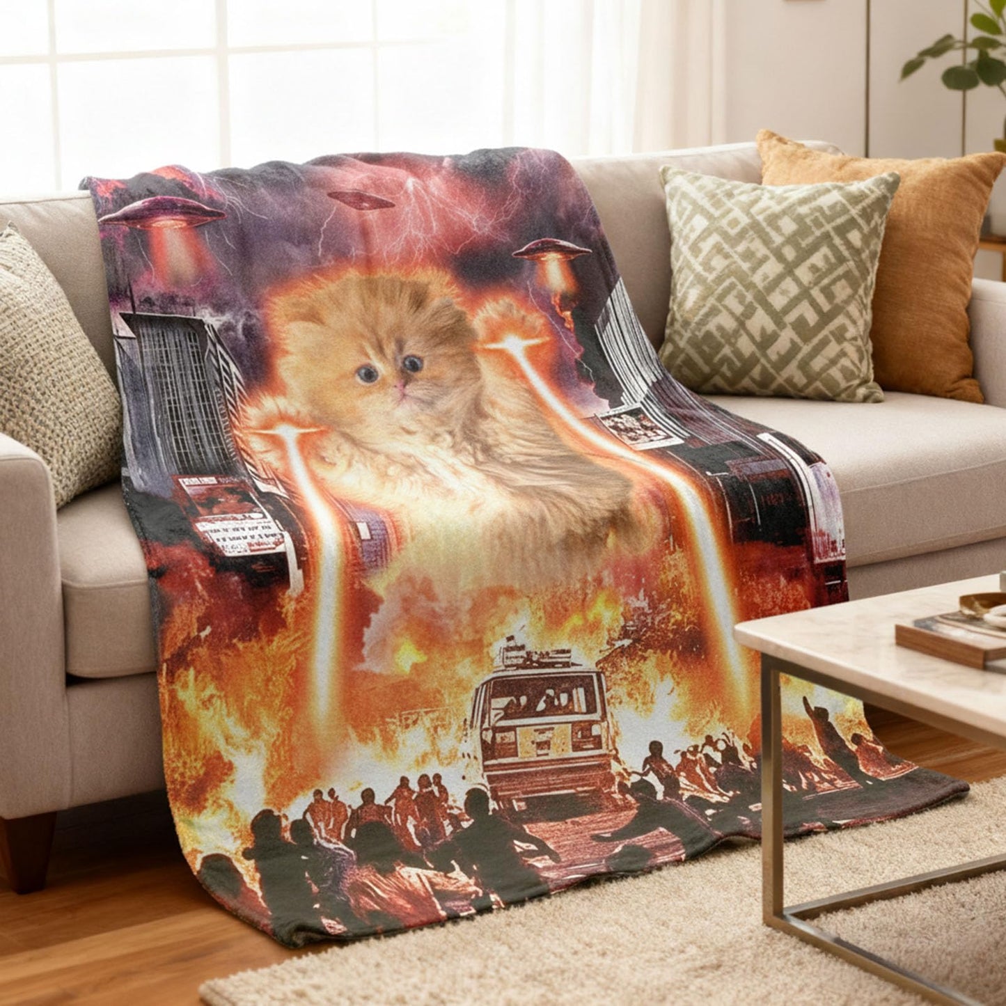 kampdream Funny Cat Flannel Blanket, Catzilla Giant Laser UFO Sci-Fi City Attack Blanket, Super Soft and Warm for Couch Sofa Living Room Unique 50×60 inch