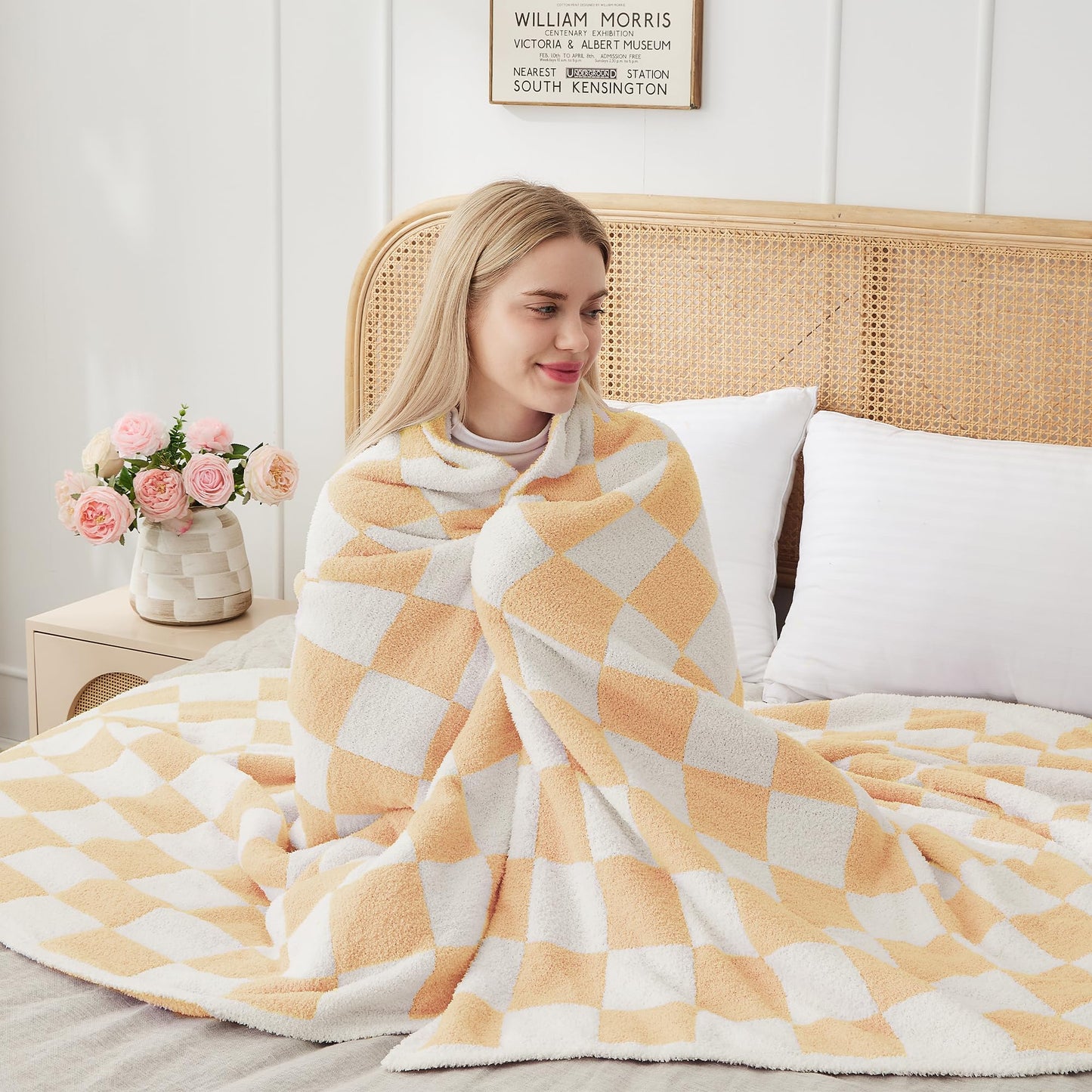 JOOJA Soft Cozy Checkerboard Peach Blanket Fluffy Knit Throw for Couch Plaid Checkered Blanket Peach 50x60 in