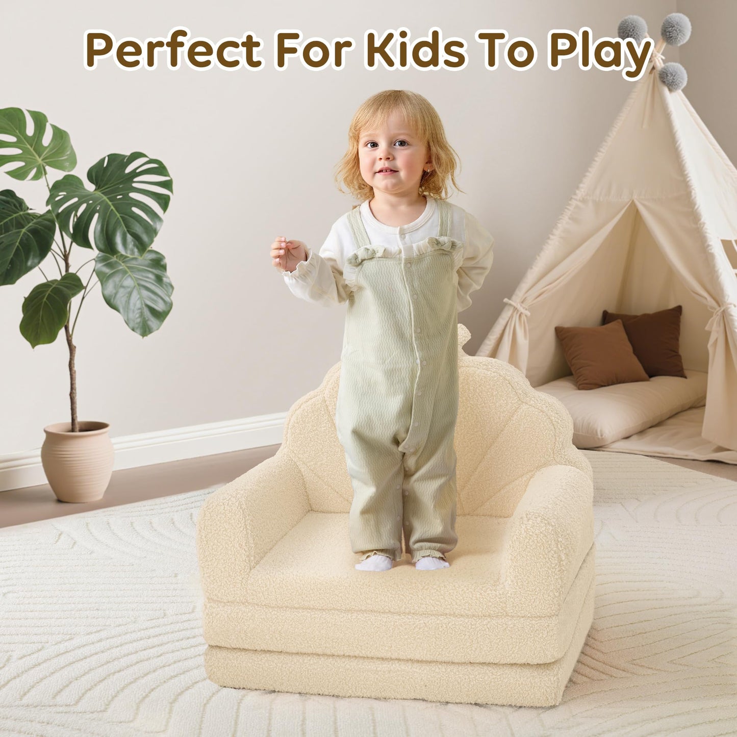 Airpanda Cozy Kids Couch and Chair, Fold Out Foam Sofa, Beige